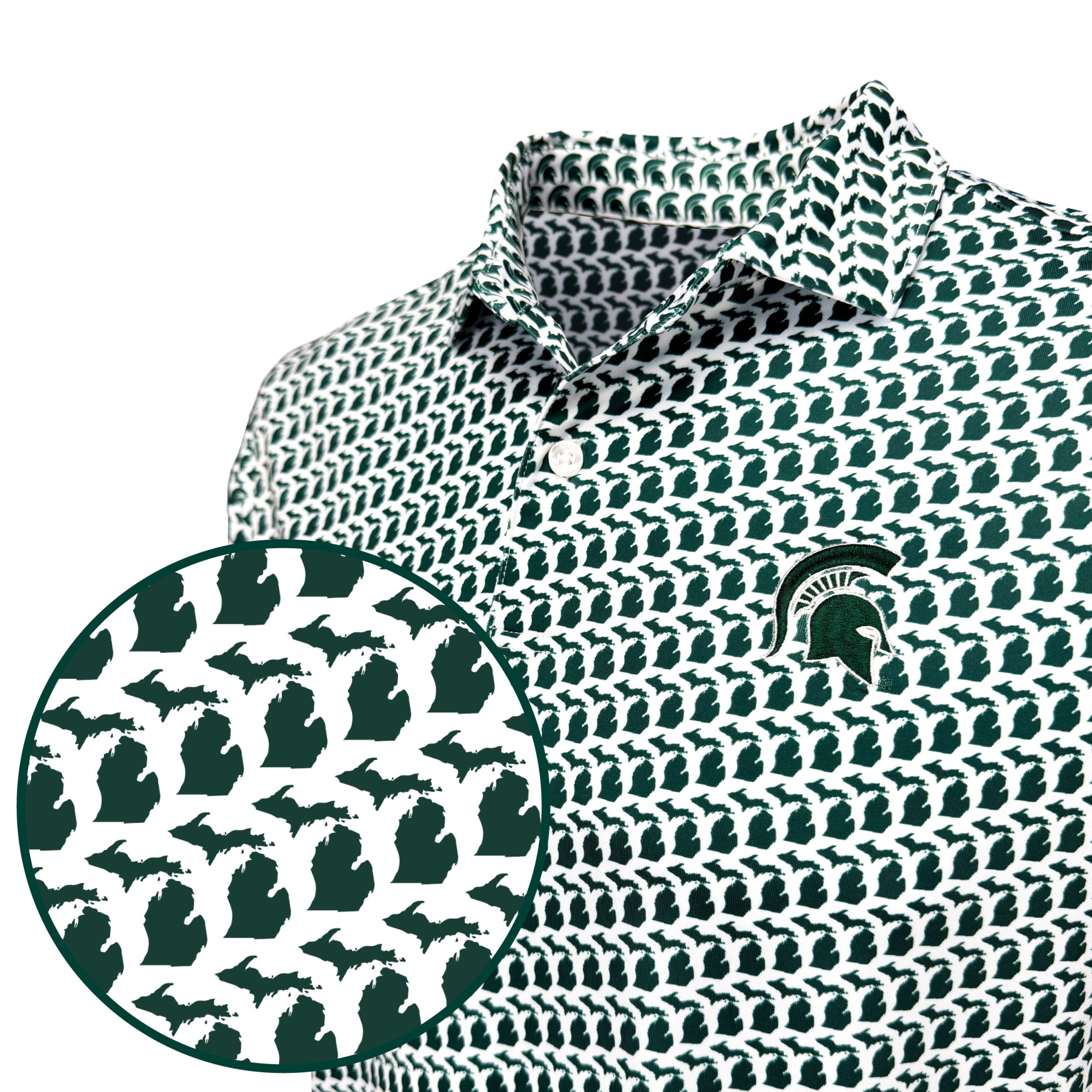 Patterned shirt with a logo, close-up of pattern on the left.