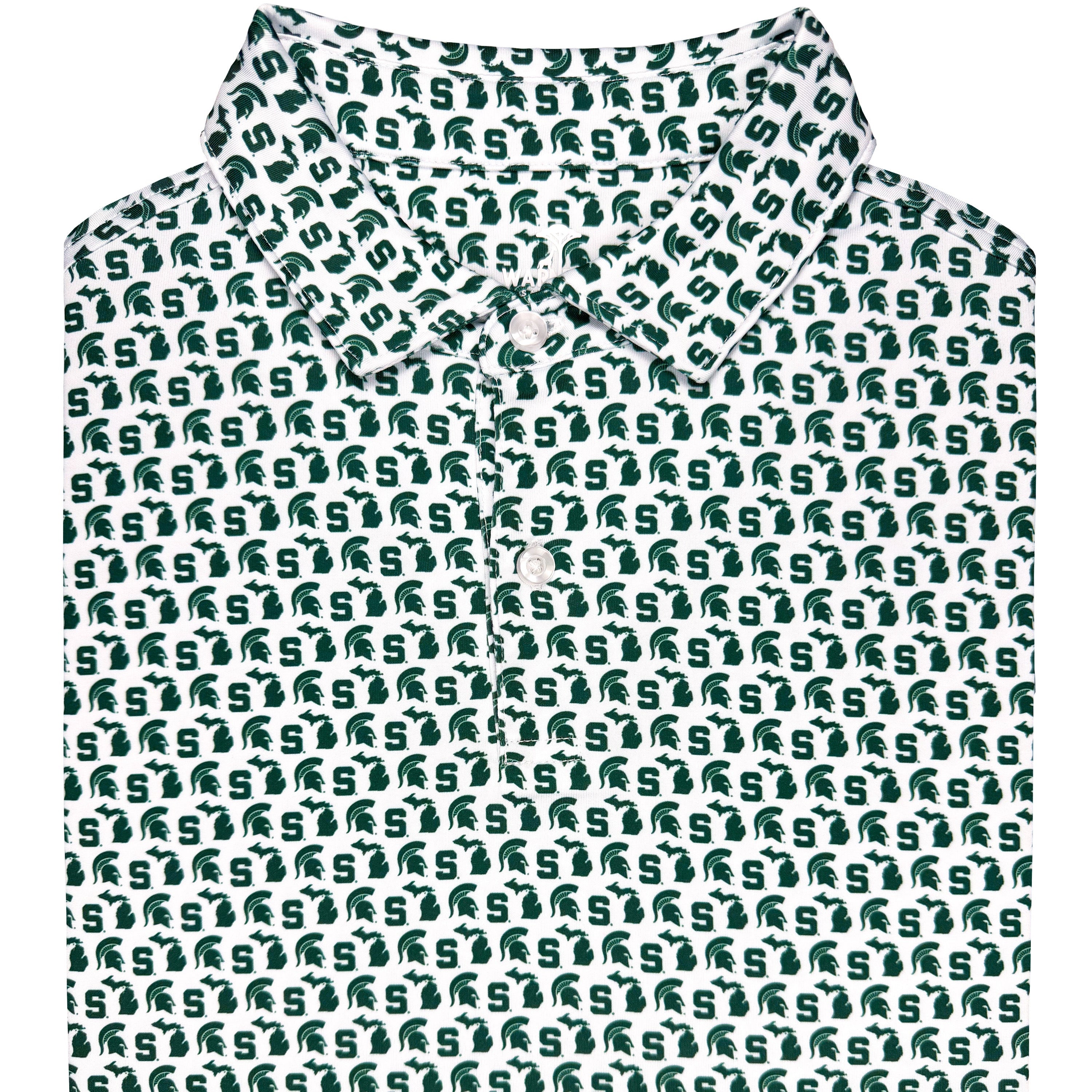 Green and white patterned shirt with logo on a white background