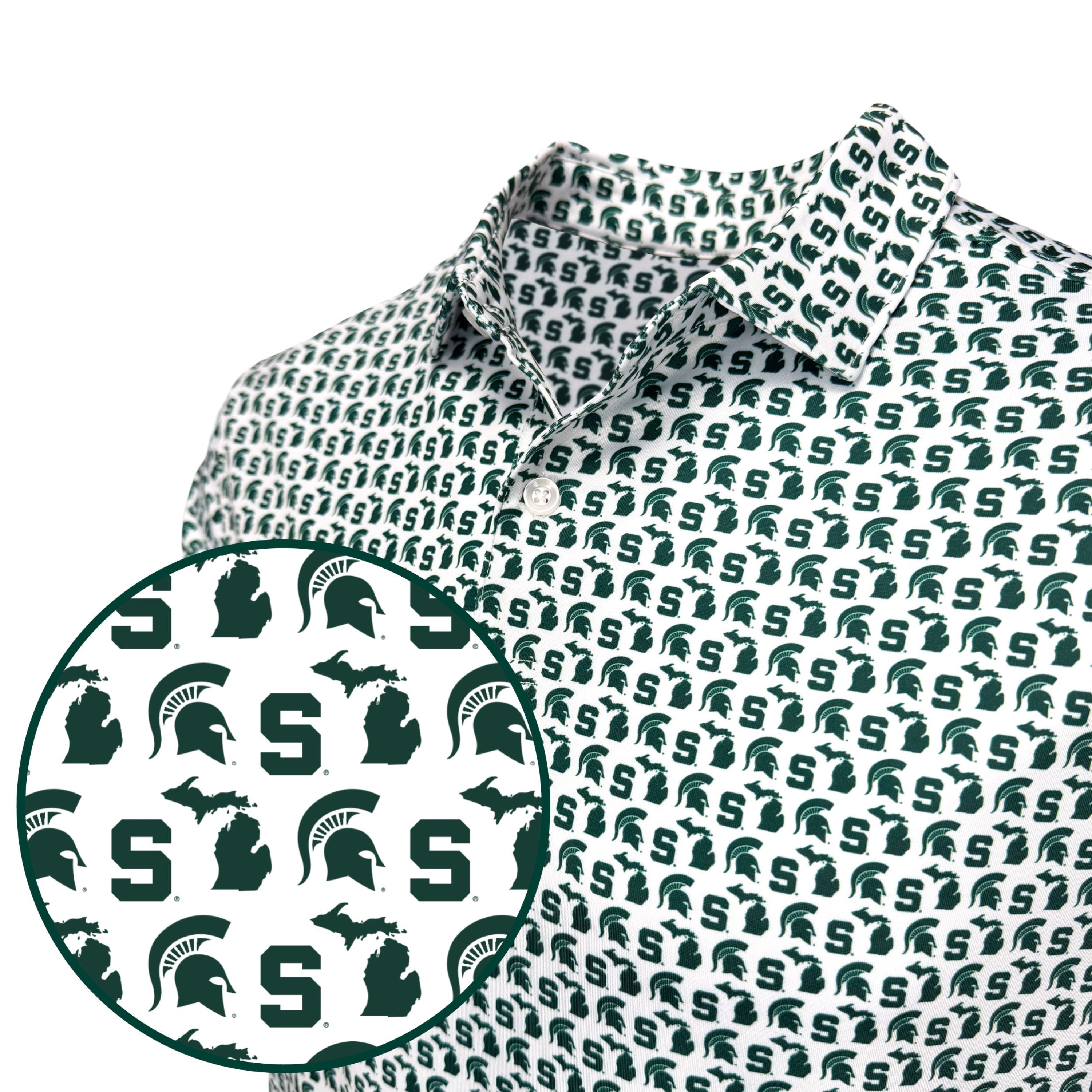 Green and white patterned shirt with logo on a white background