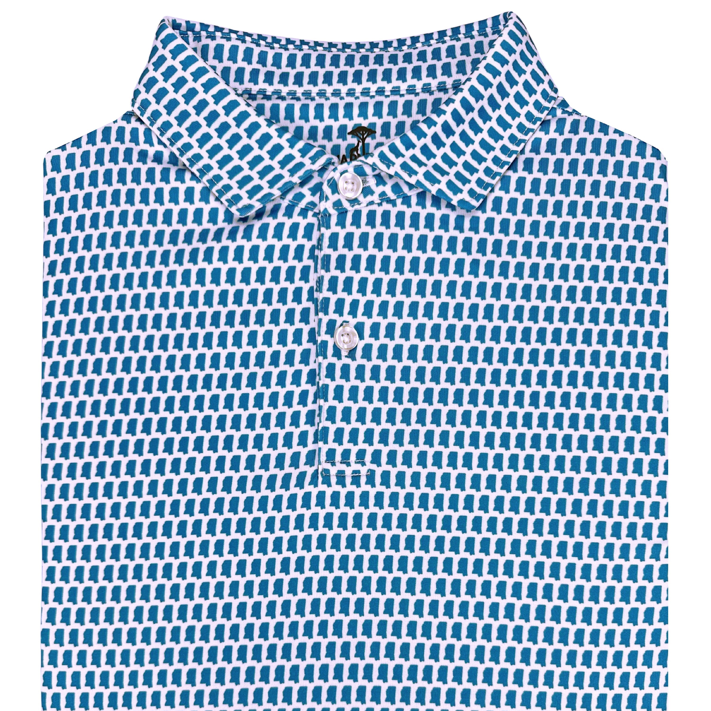 Blue patterned polo shirt on a white background