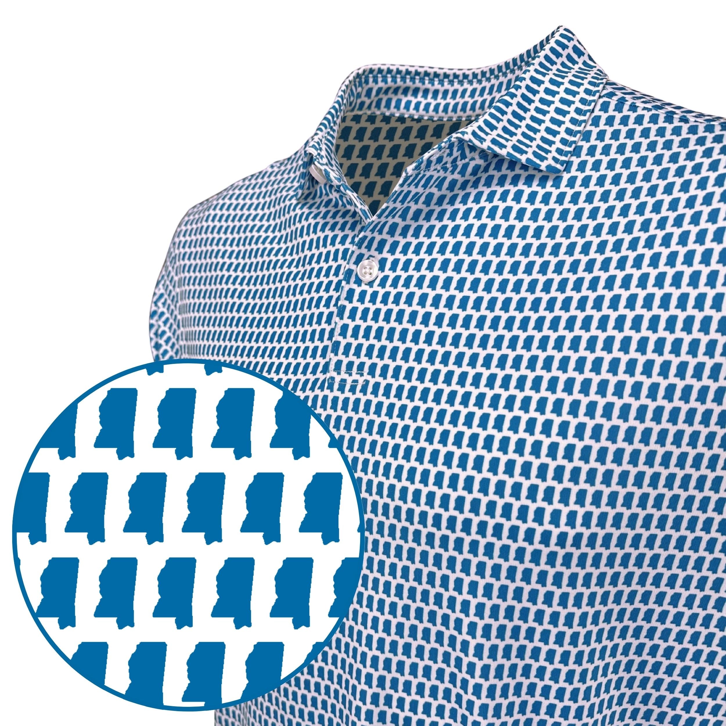 Blue and white patterned shirt with a close-up inset showing the design.