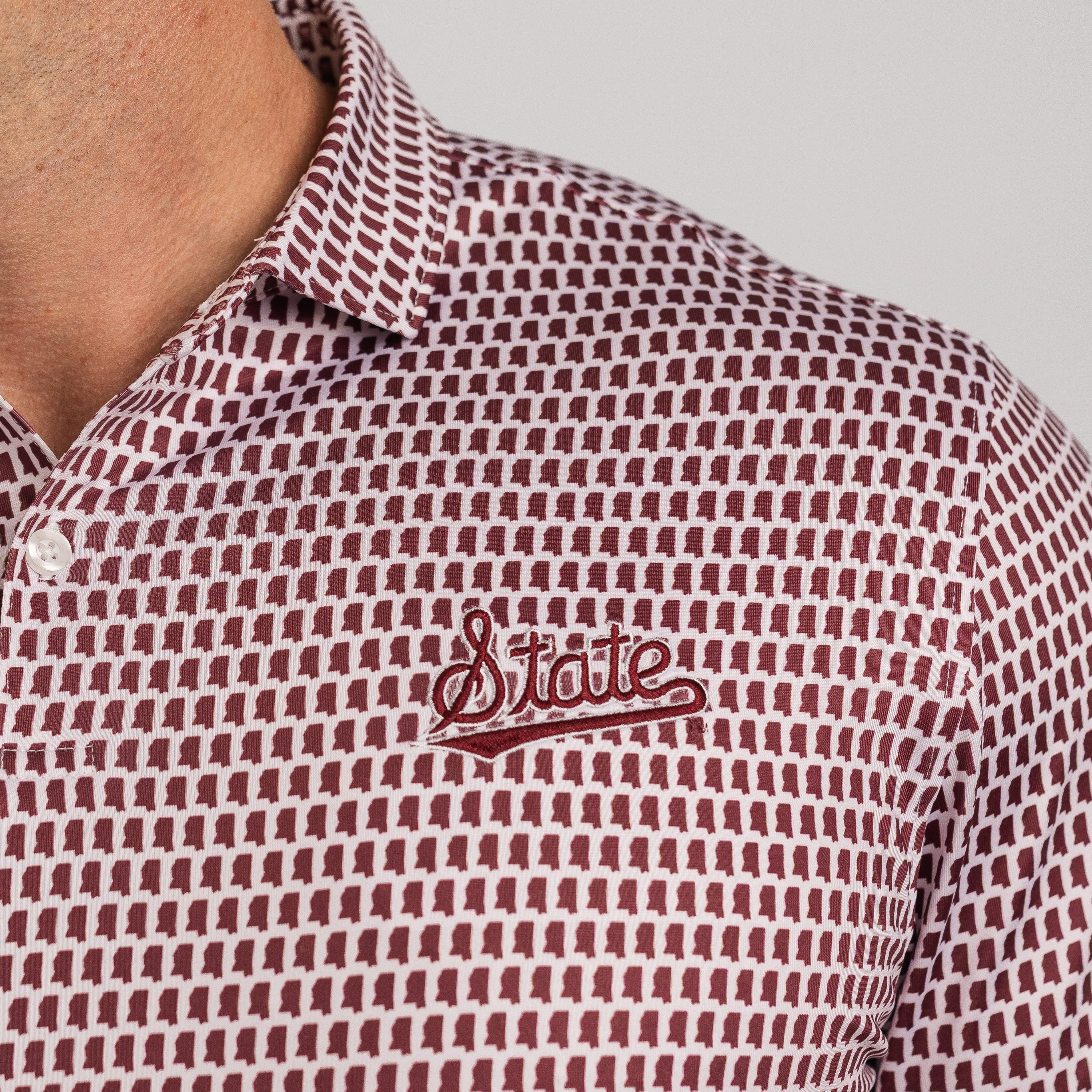 Maroon and white checkered shirt with 'State' logo on a gray background