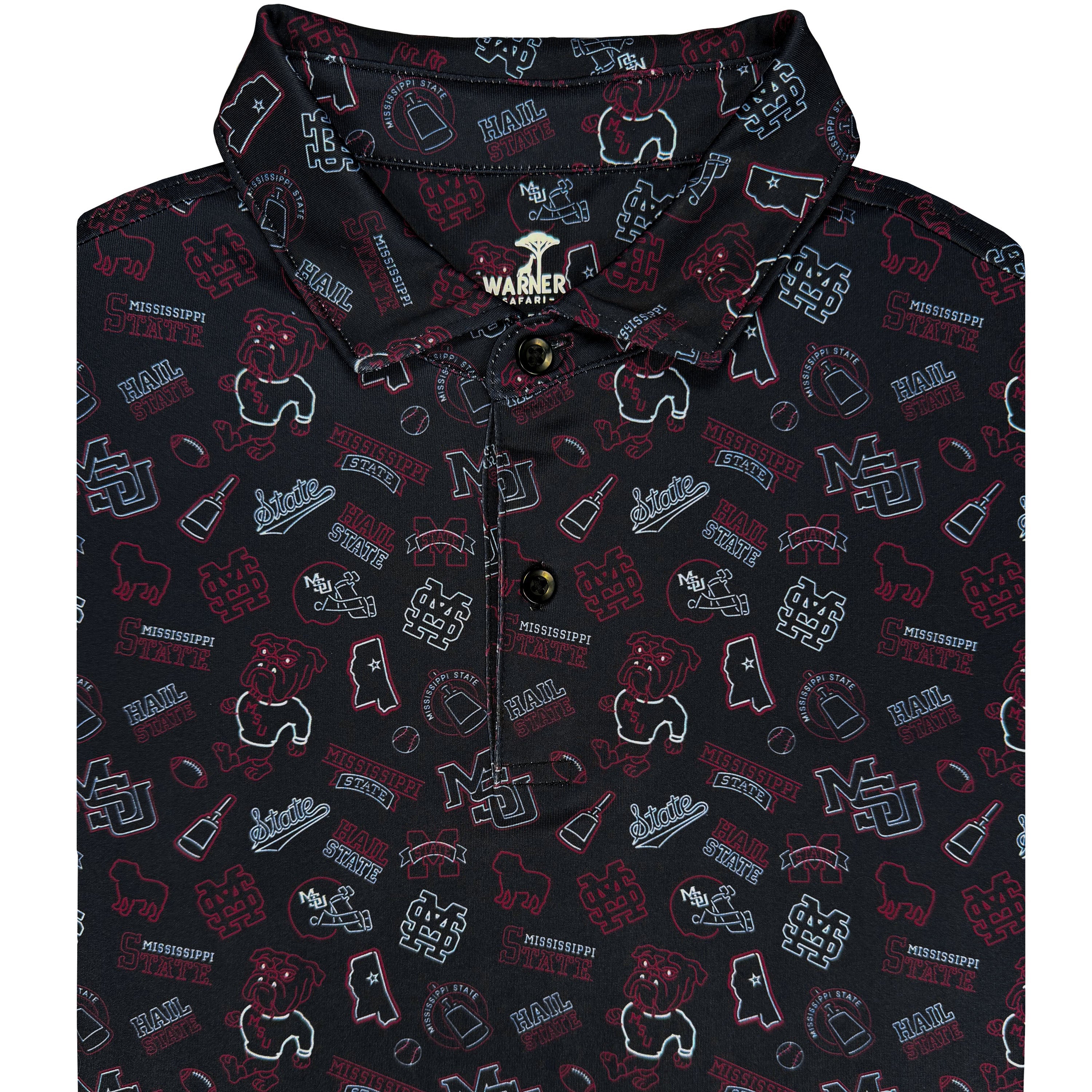 Black polo with colorful graphic patterns on a white background
