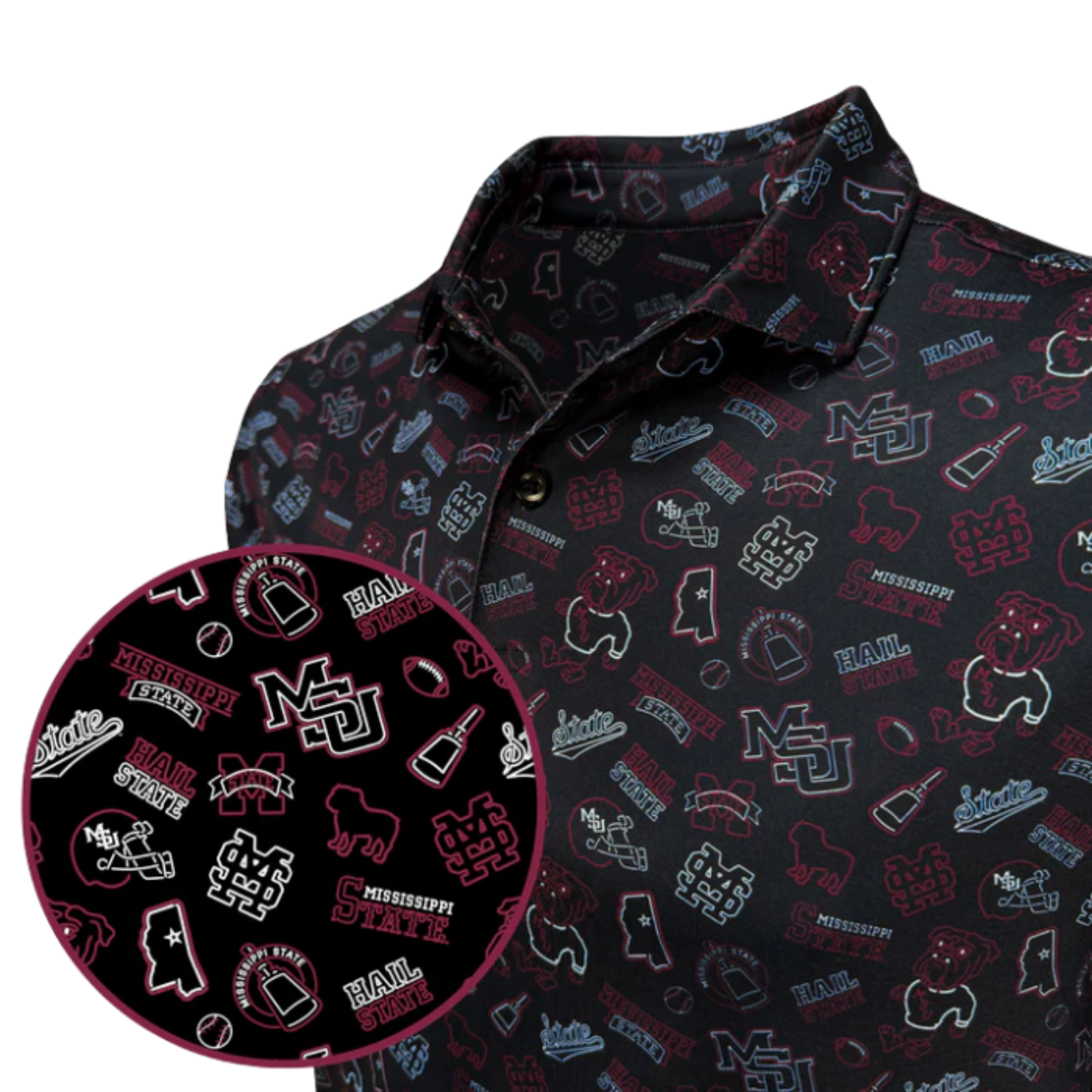 Dark shirt with colorful Mississippi State University logos on a white background