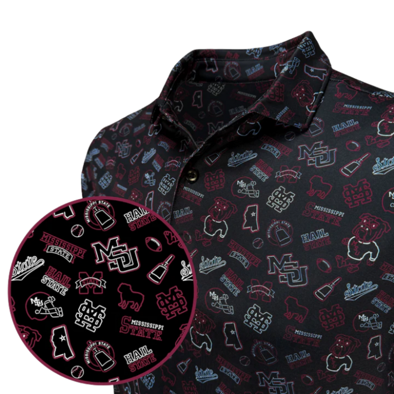 Dark shirt with colorful Mississippi State University logos on a white background