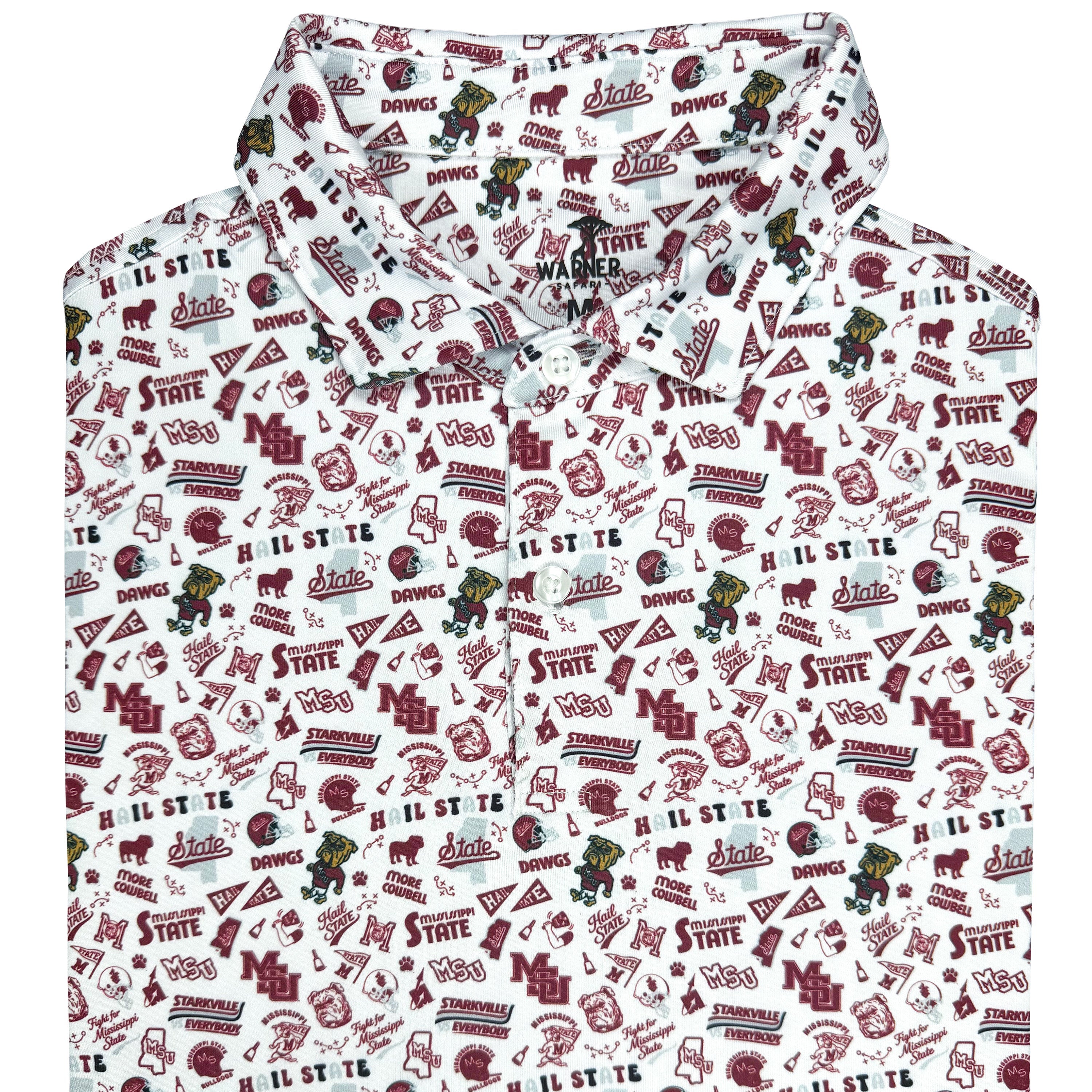 Polo with Mississippi State University logo pattern on a white background