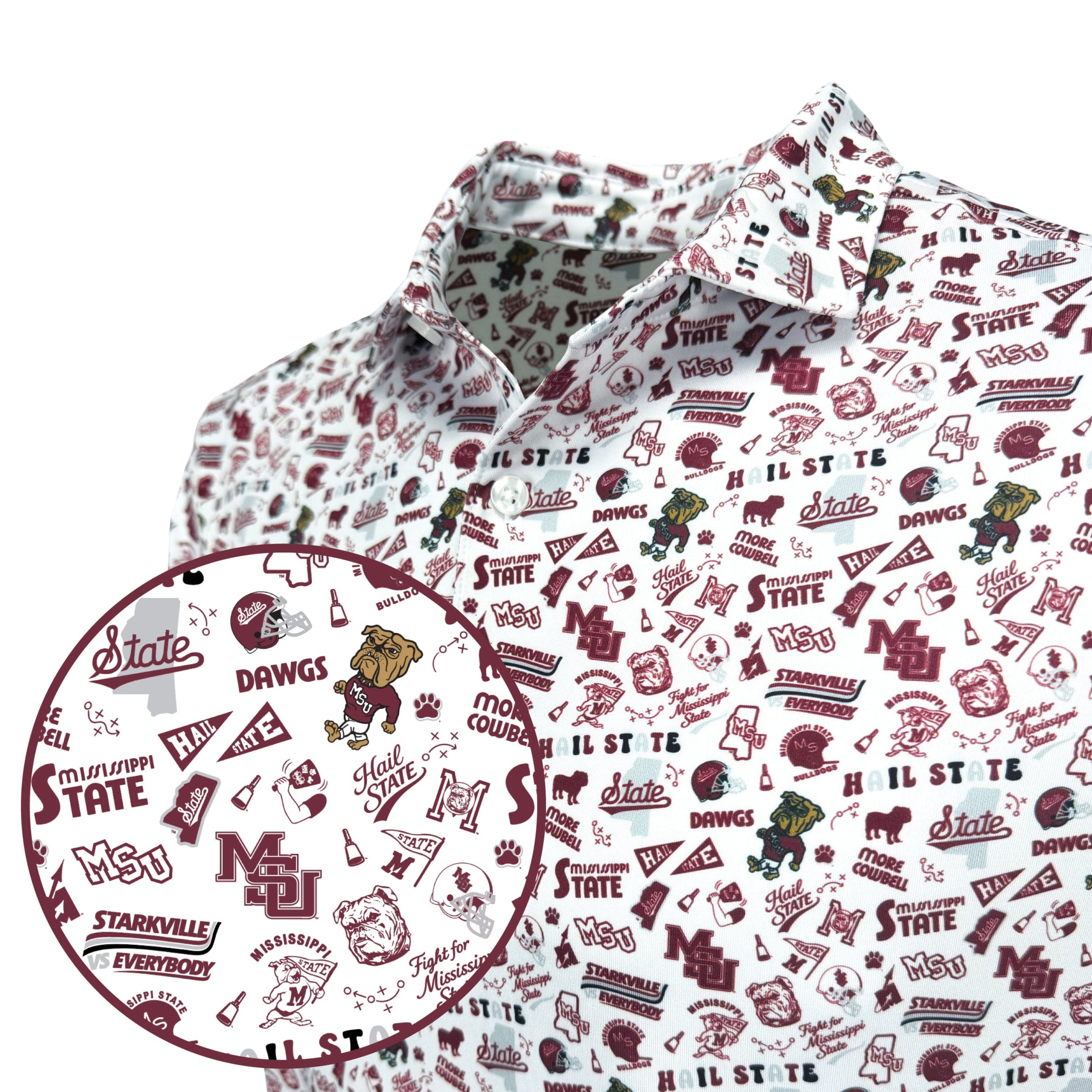 Polo with Mississippi State University logo and text on a white background