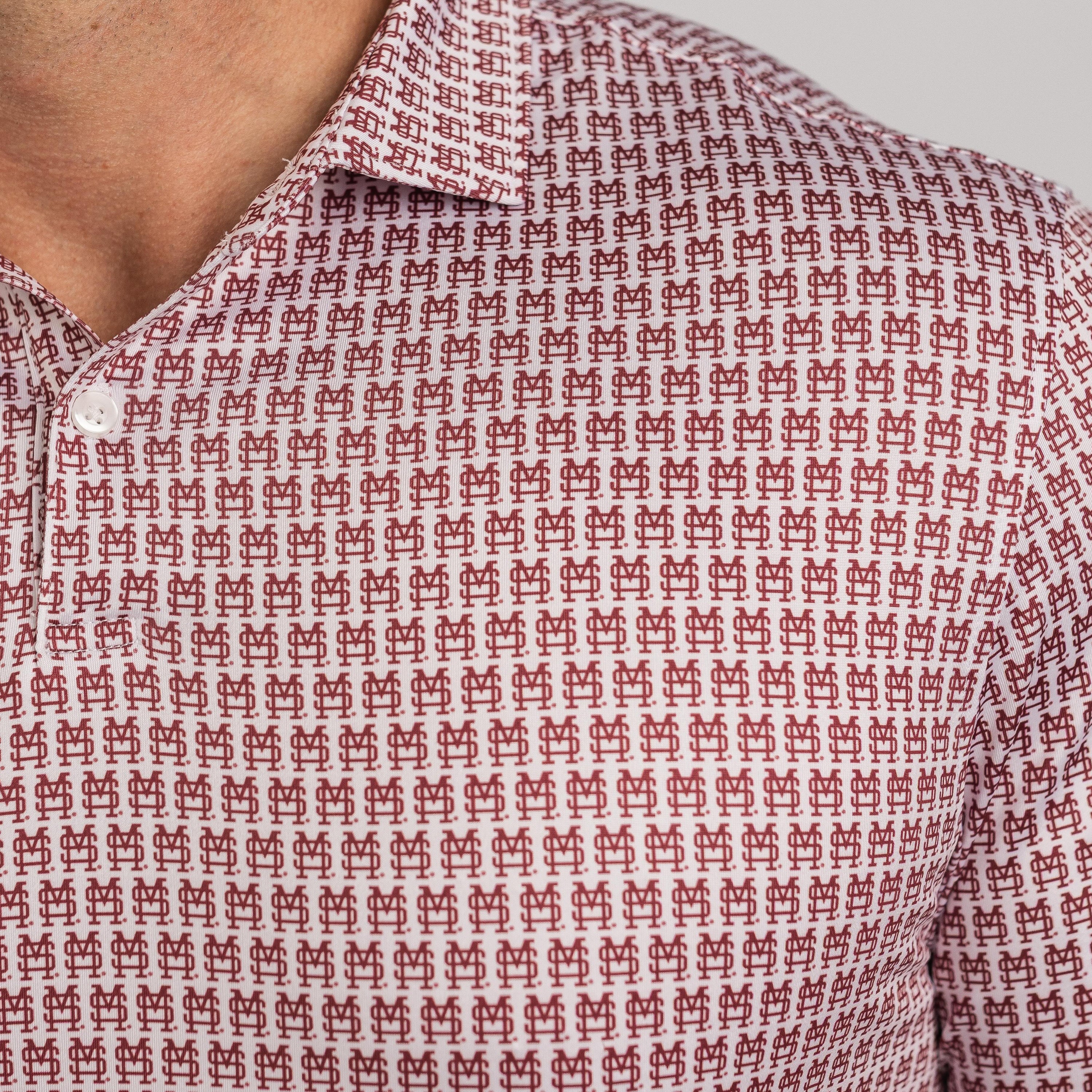 Close-up of a patterned shirt with a geometric design.