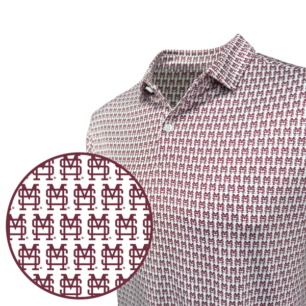 Close-up of a patterned shirt with a magnified section showing a repeated logo design.