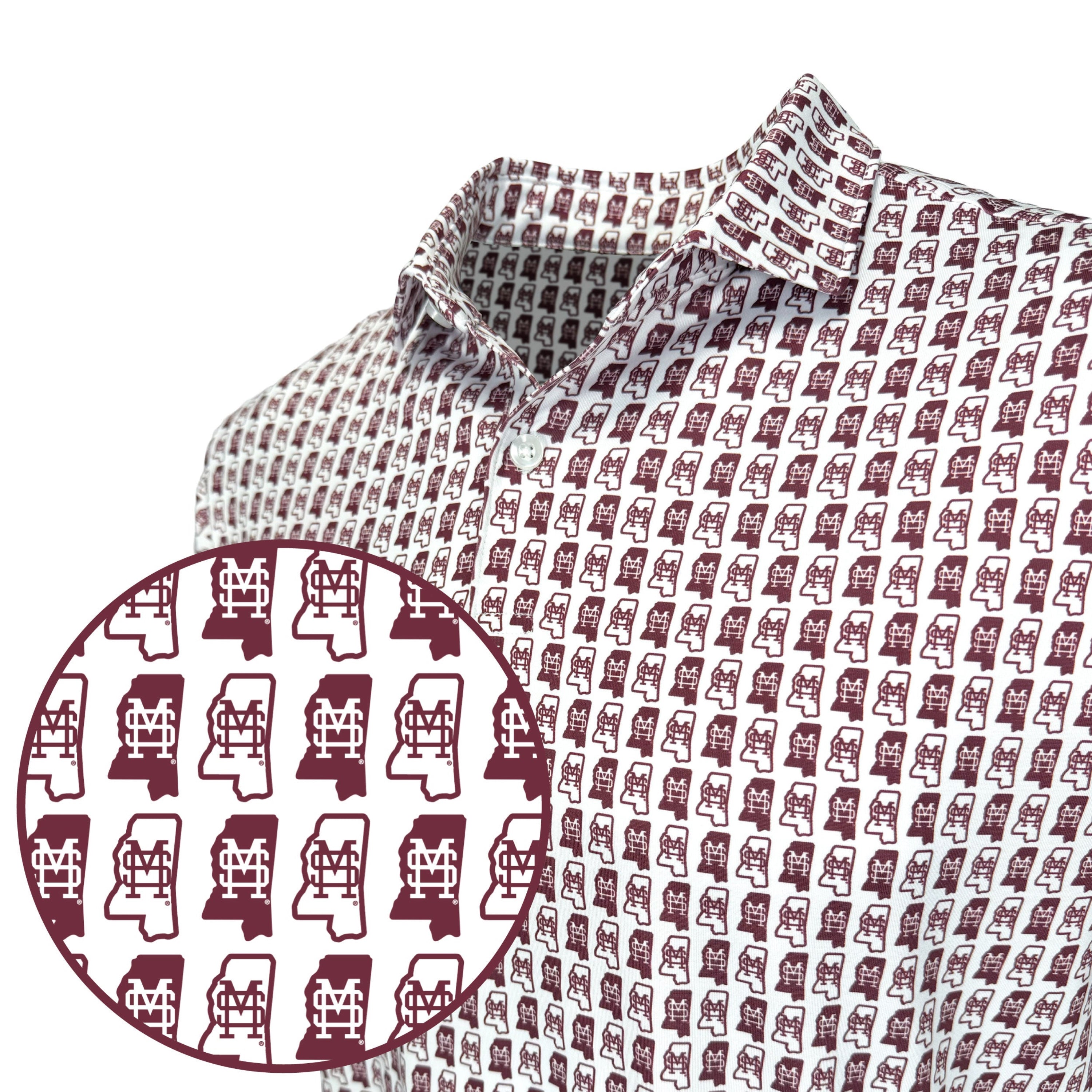 Patterned shirt with a close-up of a repeating design on a white background
