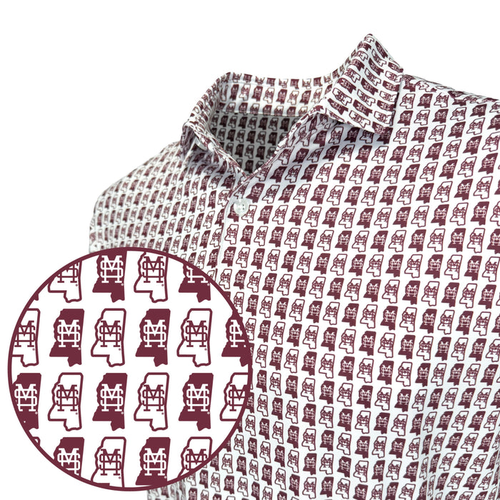 Patterned shirt with a close-up of a repeating design on a white background