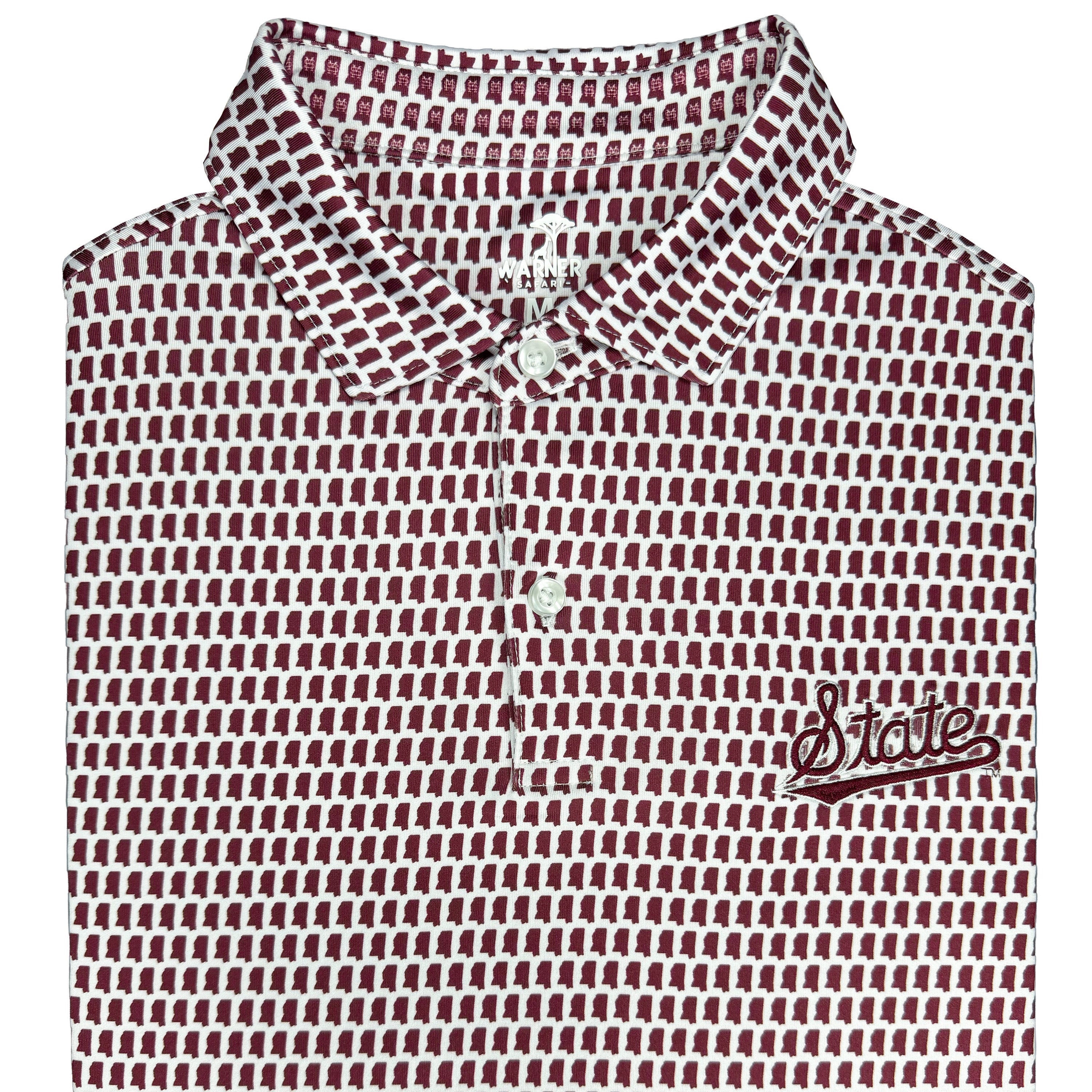 Maroon and white polo shirt with 'State' logo on a white background