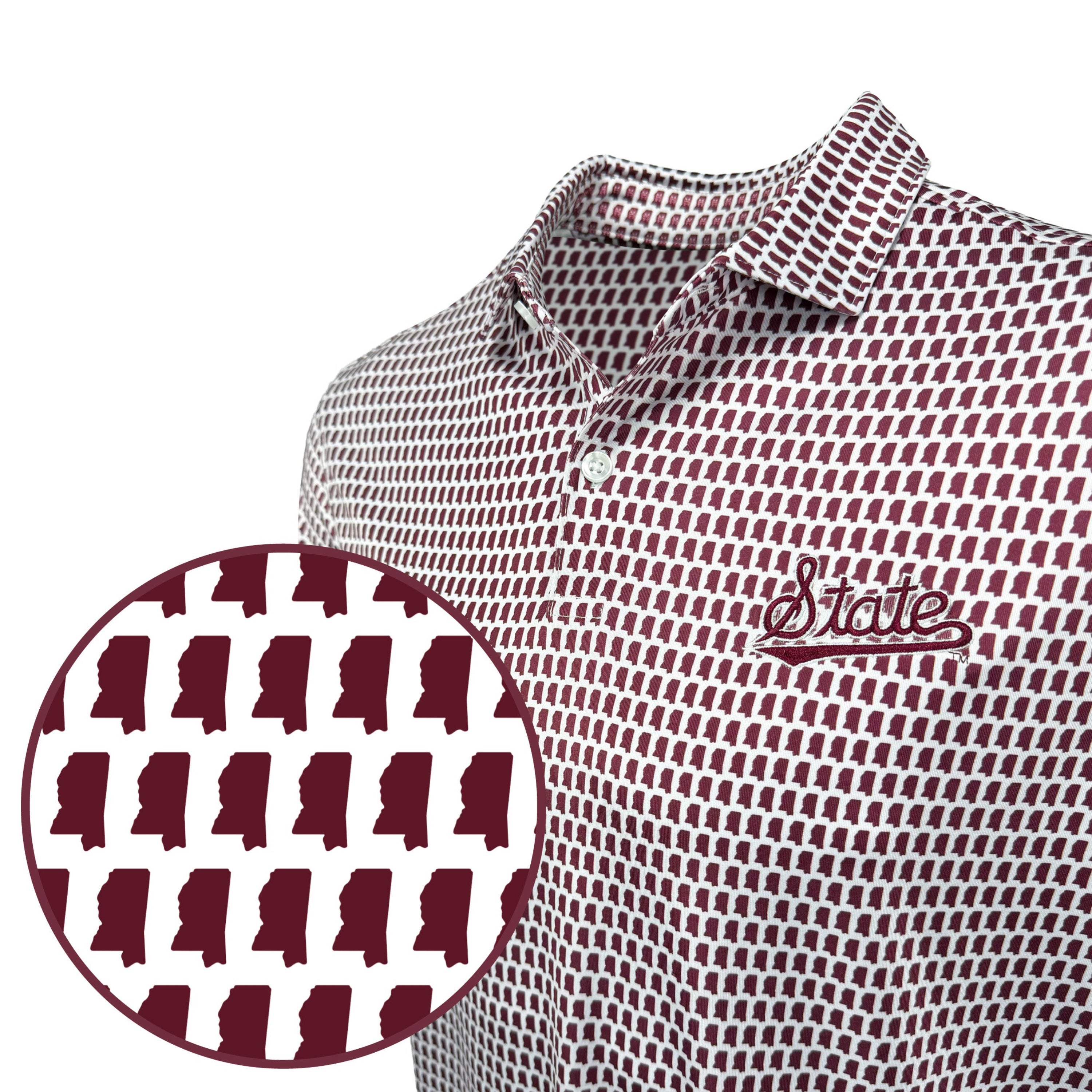 Maroon and white checkered shirt with 'State' text and Mississippi state outline pattern.