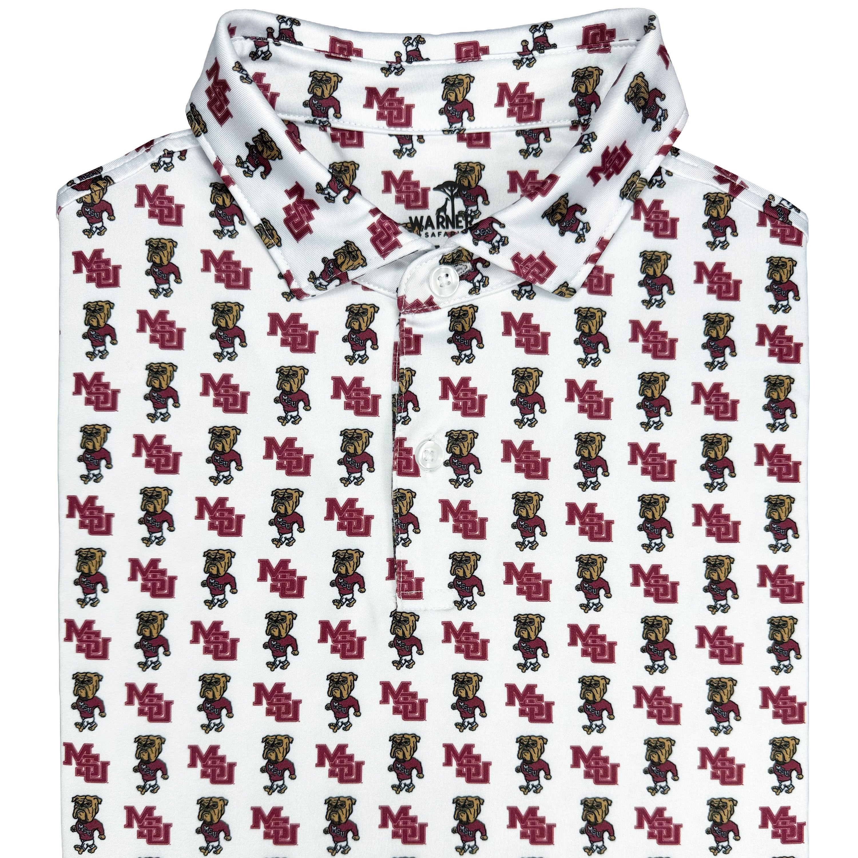 White shirt with repeated logo pattern on a white background