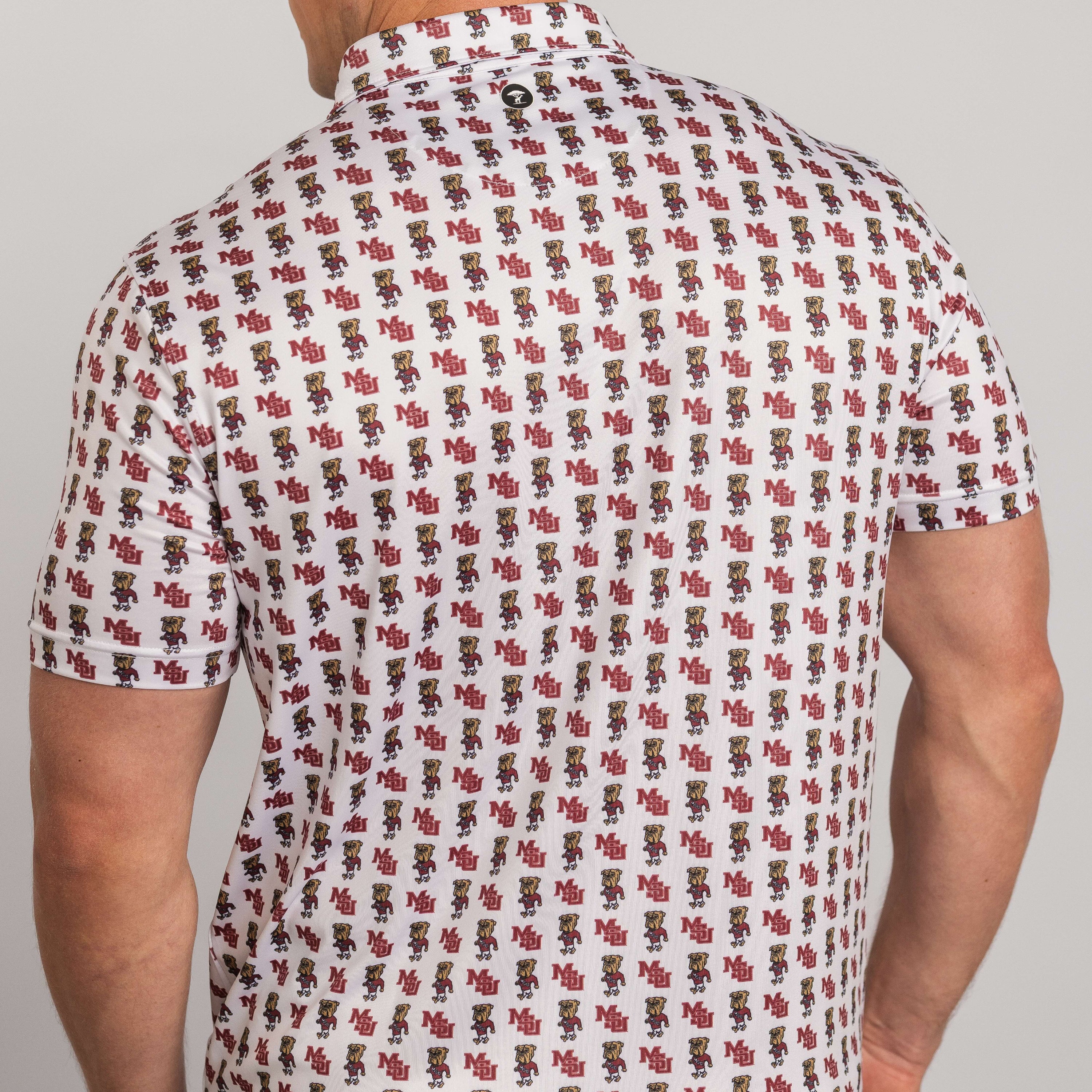 Person wearing a patterned shirt with small figures on a plain background