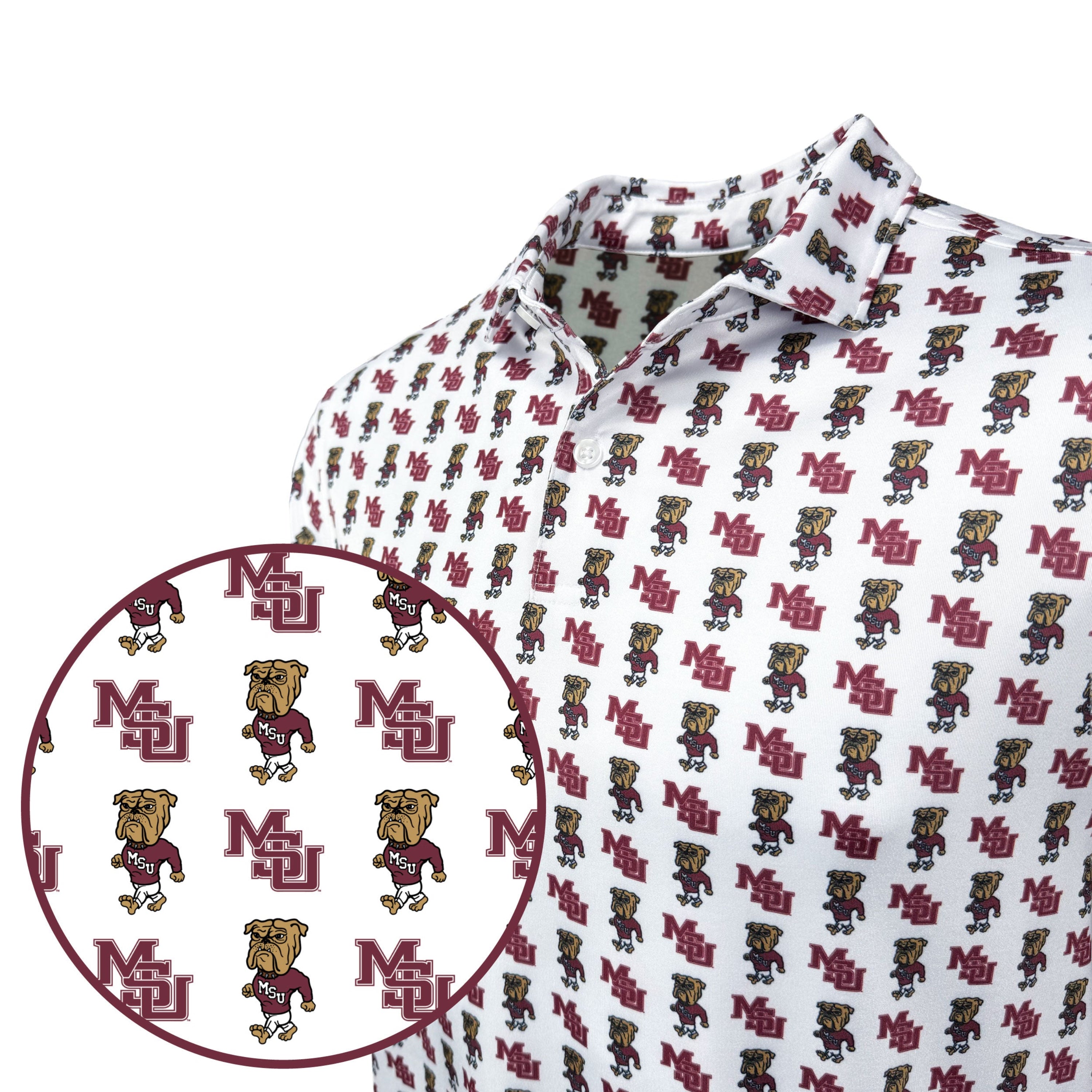 Shirt with a repeated pattern of a bulldog and 'MSU' logo on a white background.