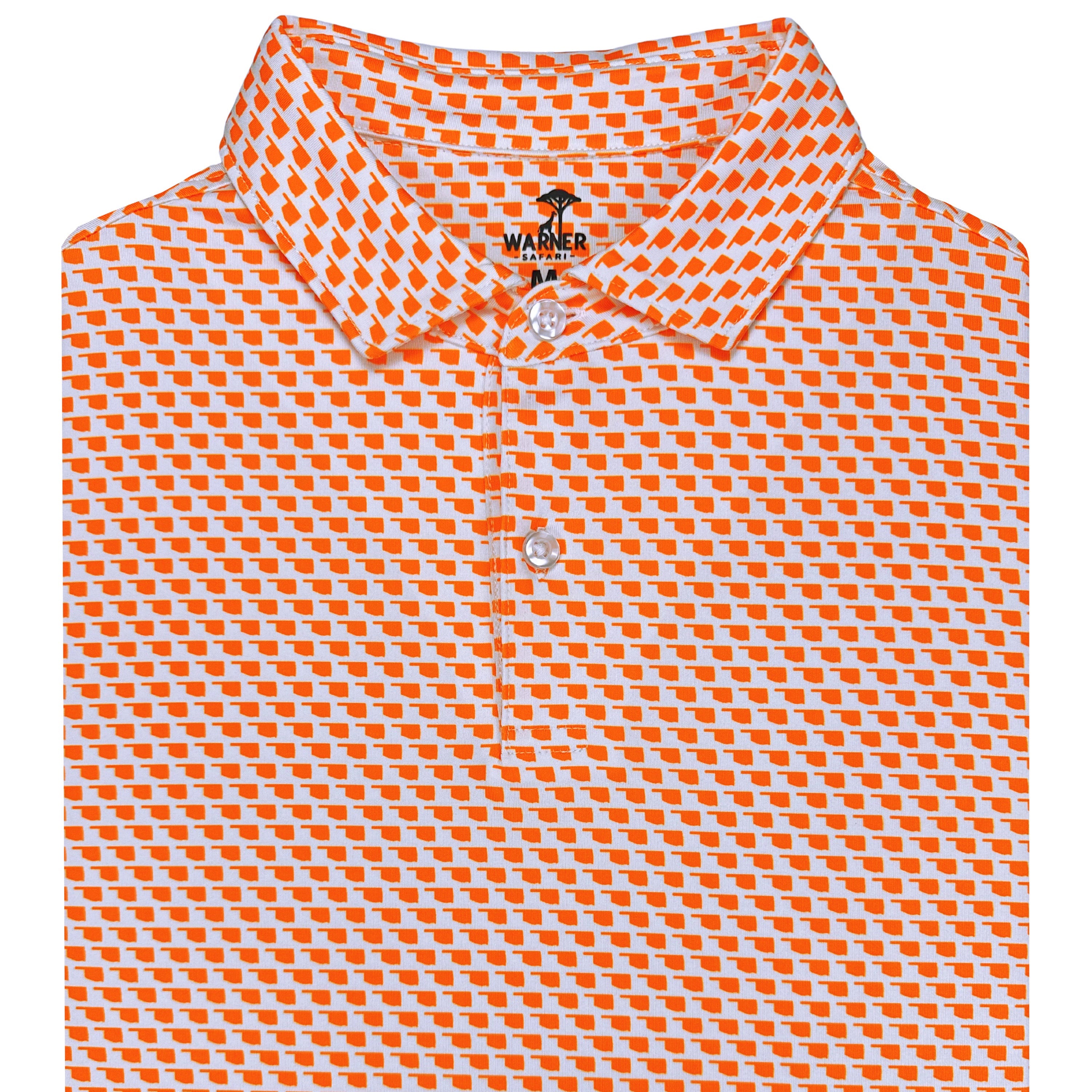 Folded orange and white checkered polo shirt with a brand logo on a white background