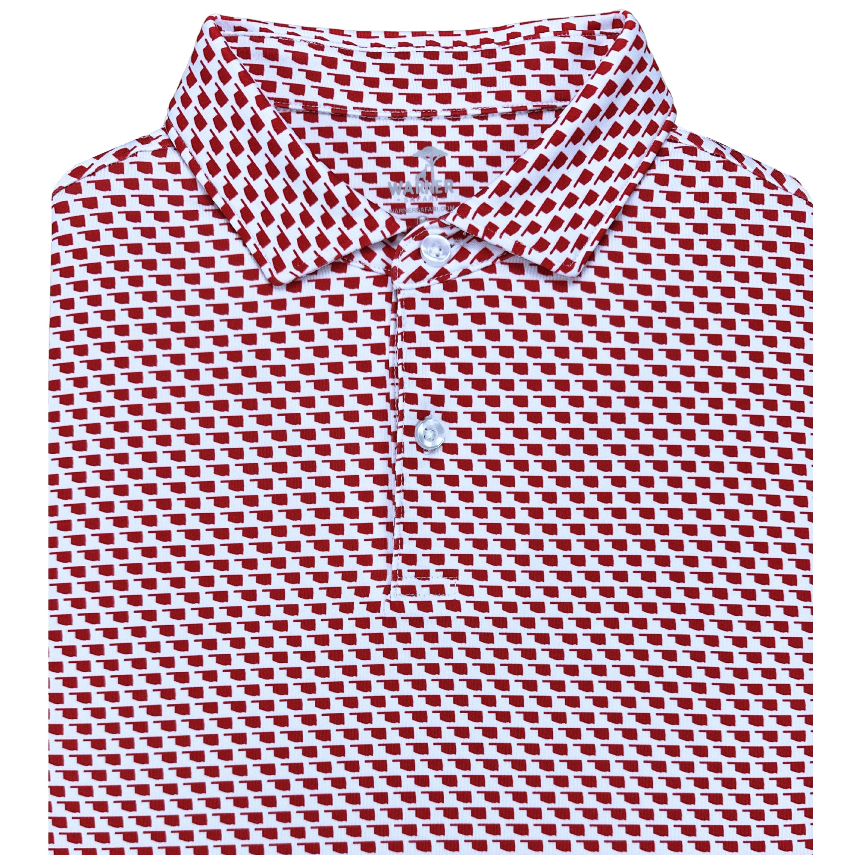 A red and white geometric patterned men's polo shirt with a collar.