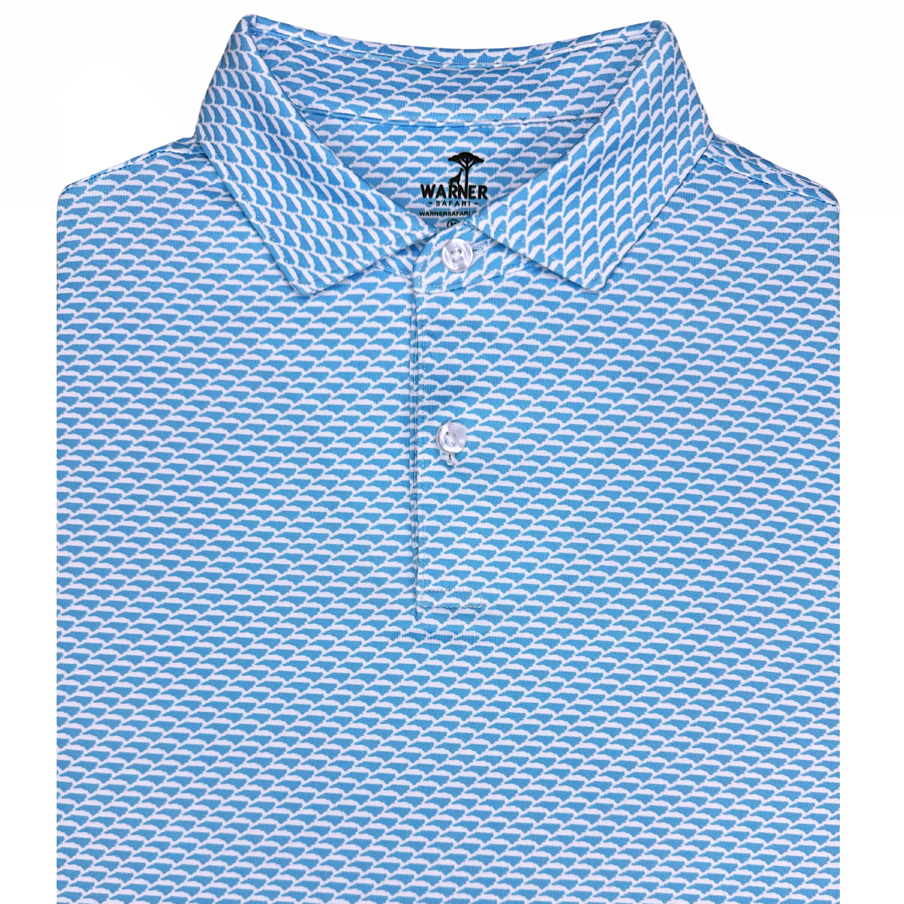A blue and white geometric patterned North Carolina polo shirt with a collar.