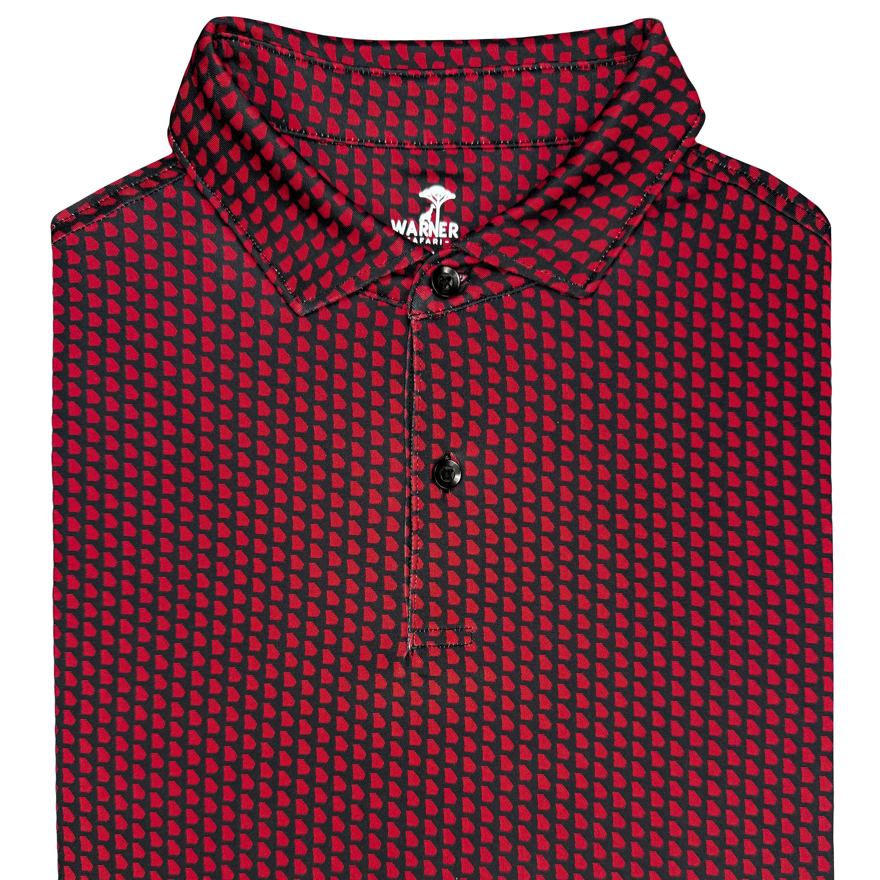 Folded red and black checkered shirt with a brand logo on a white background