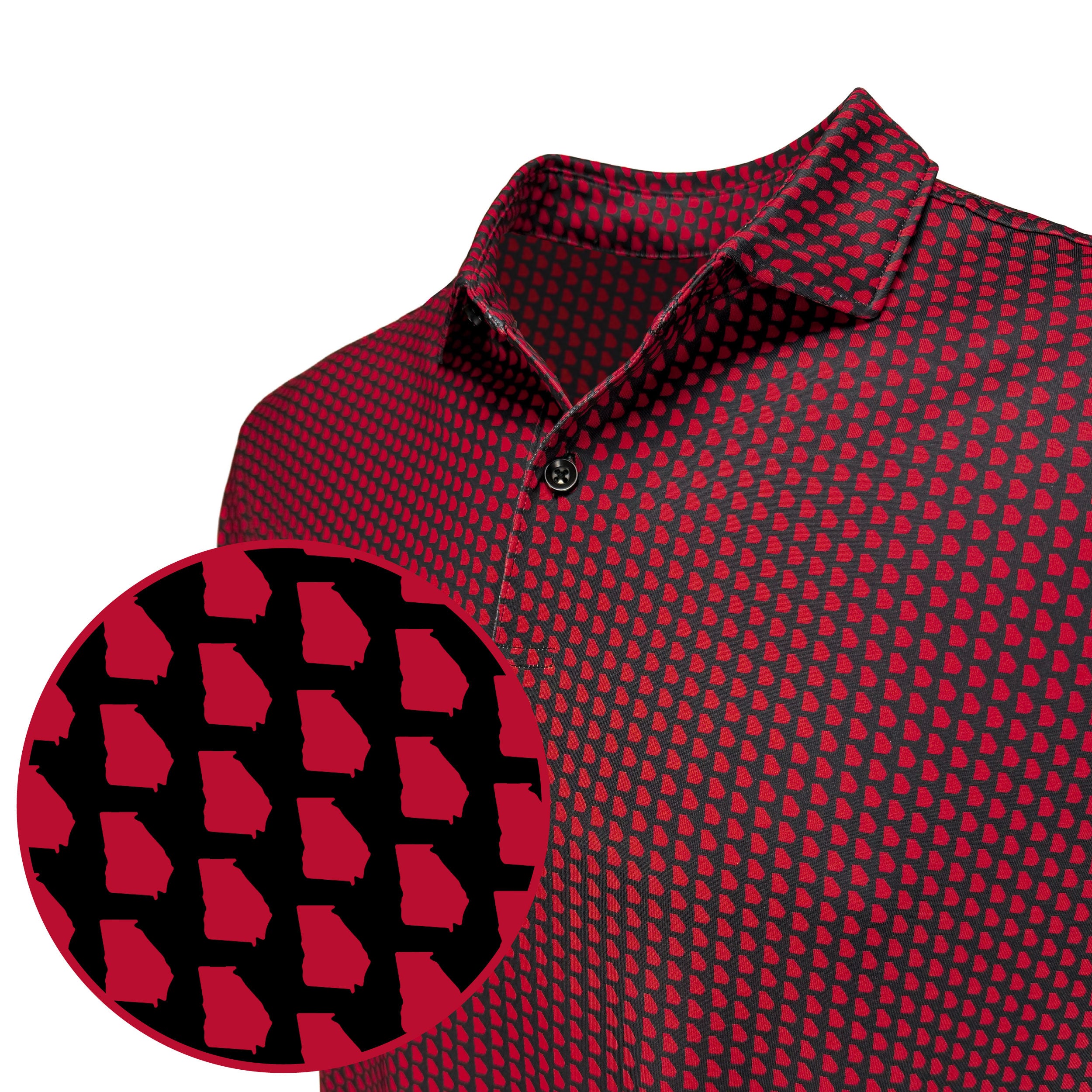 Red and black checkered polo shirt with close-up of pattern on a white background