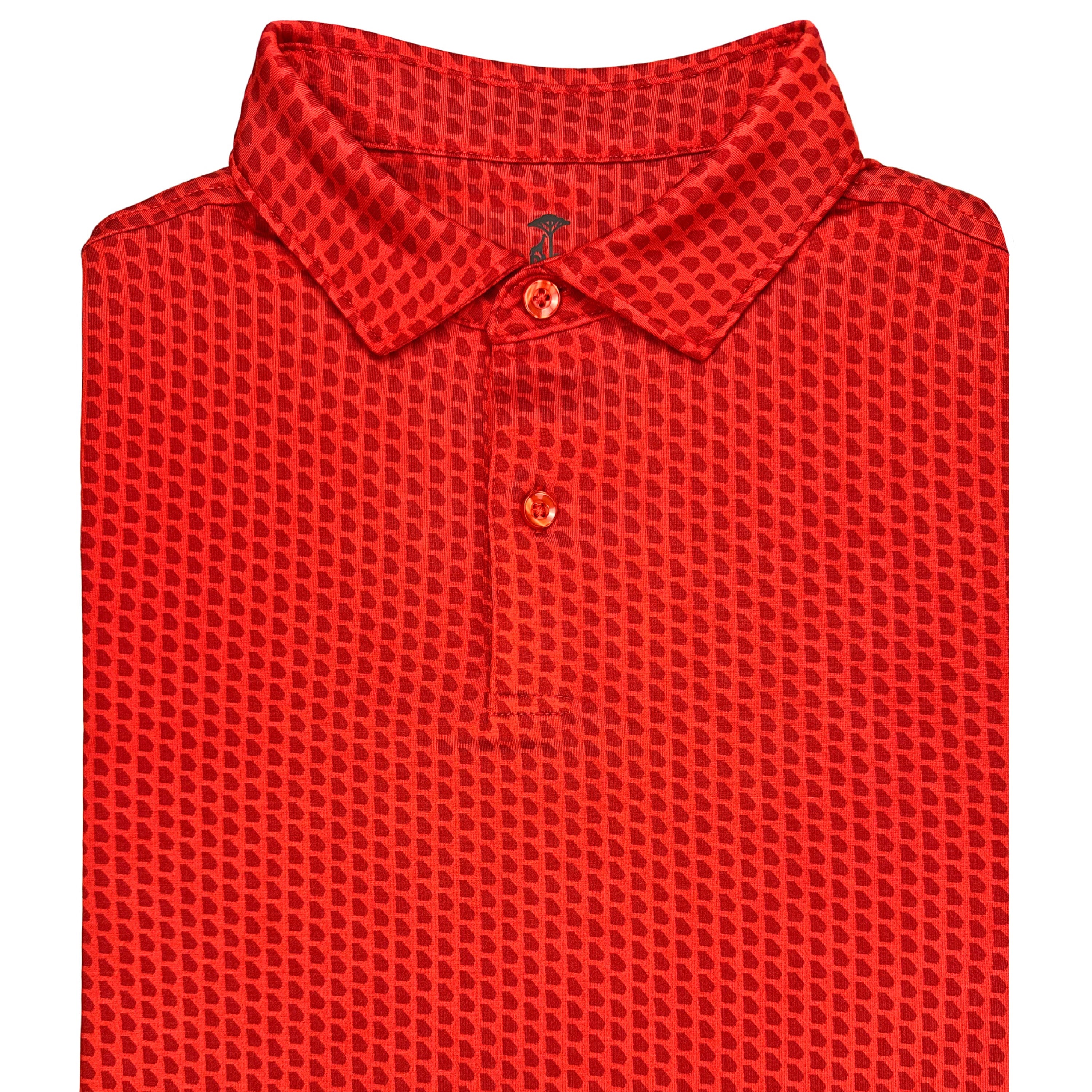 A folded red and black geometric patterned Georgia Victory polo shirt.