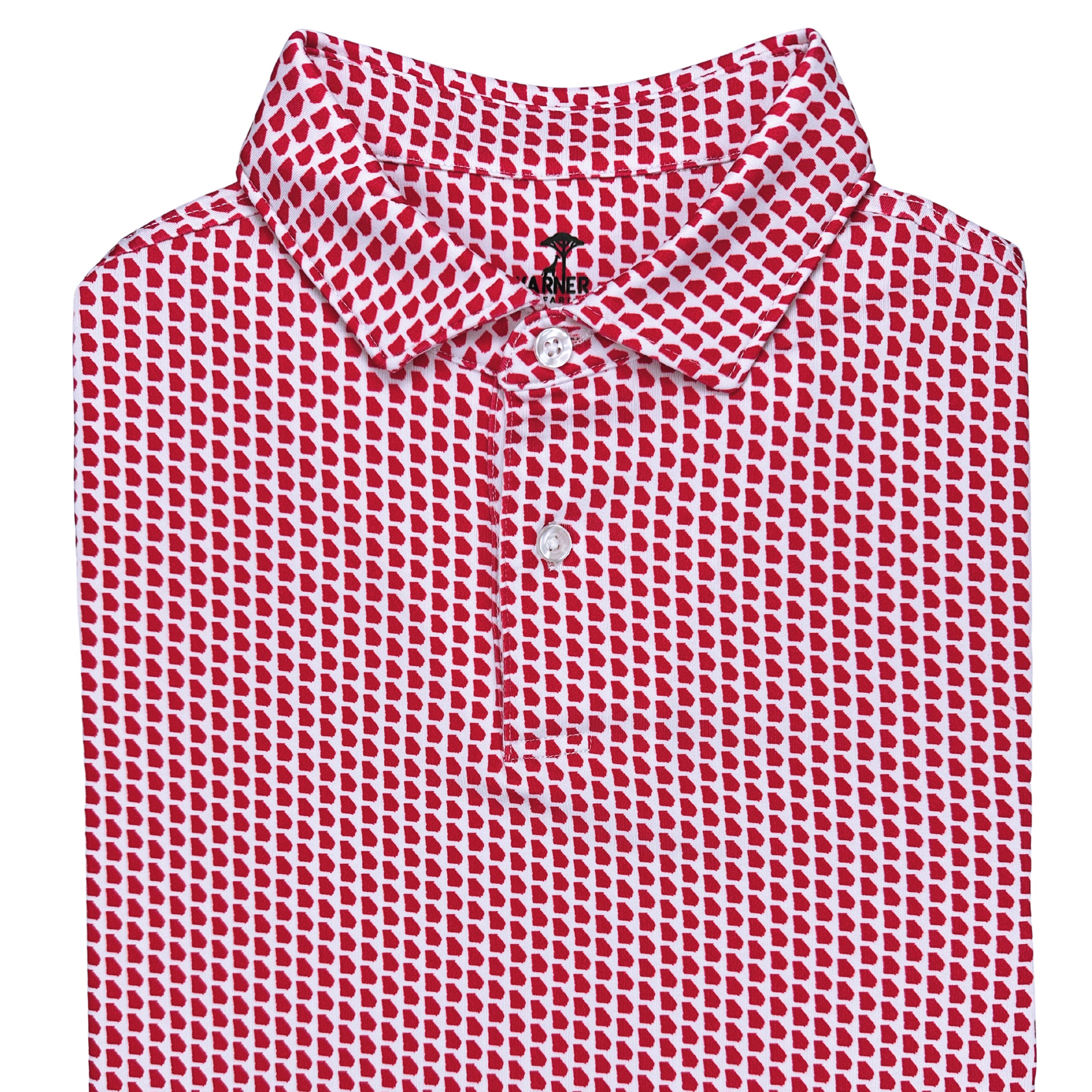 A red and white geometric patterned Georgia Red Rage Print Polo shirt.