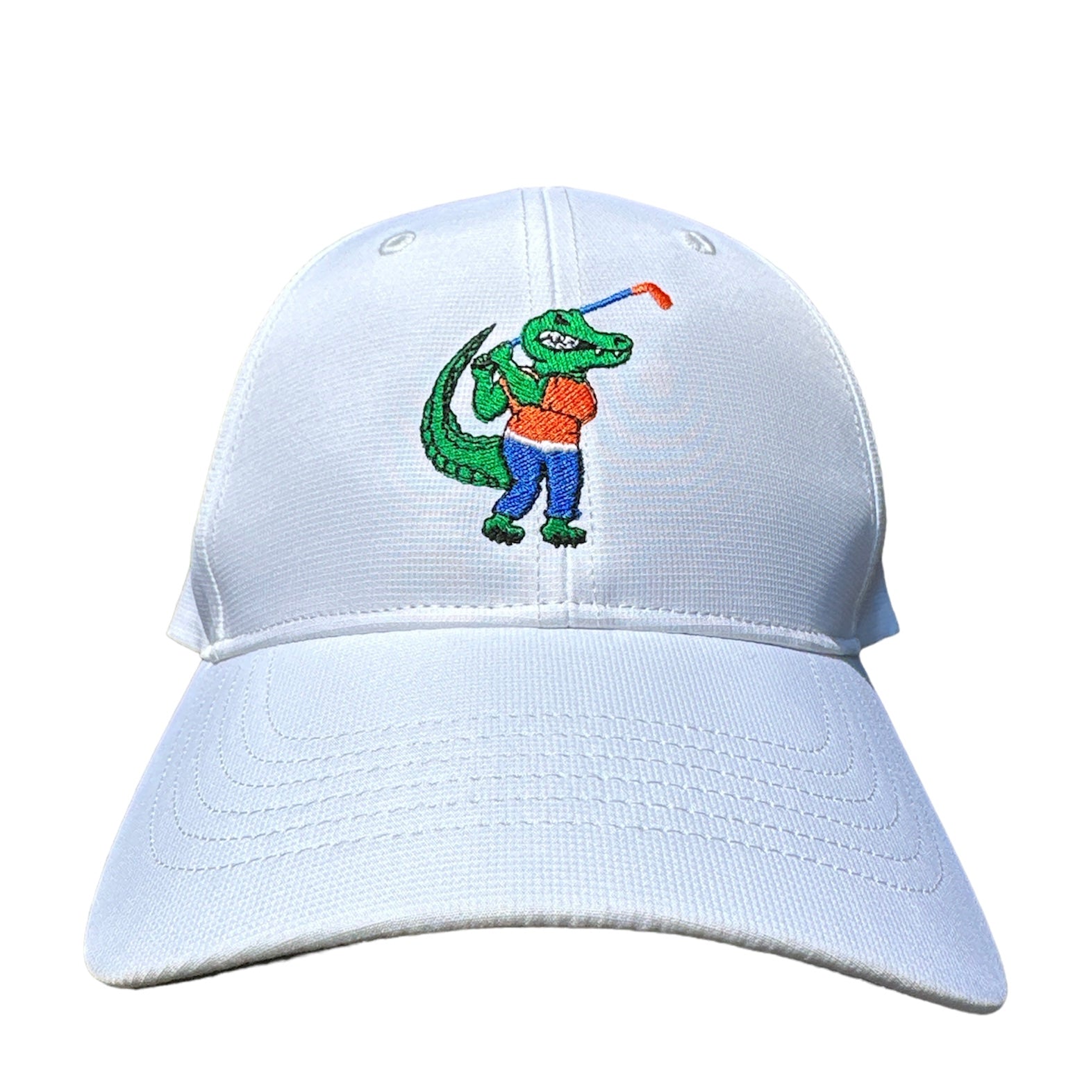 Golfing gator hat with orange and blue embroidery