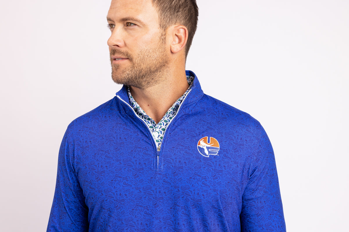 Close-up of a royal blue Florida Gators quarter-zip