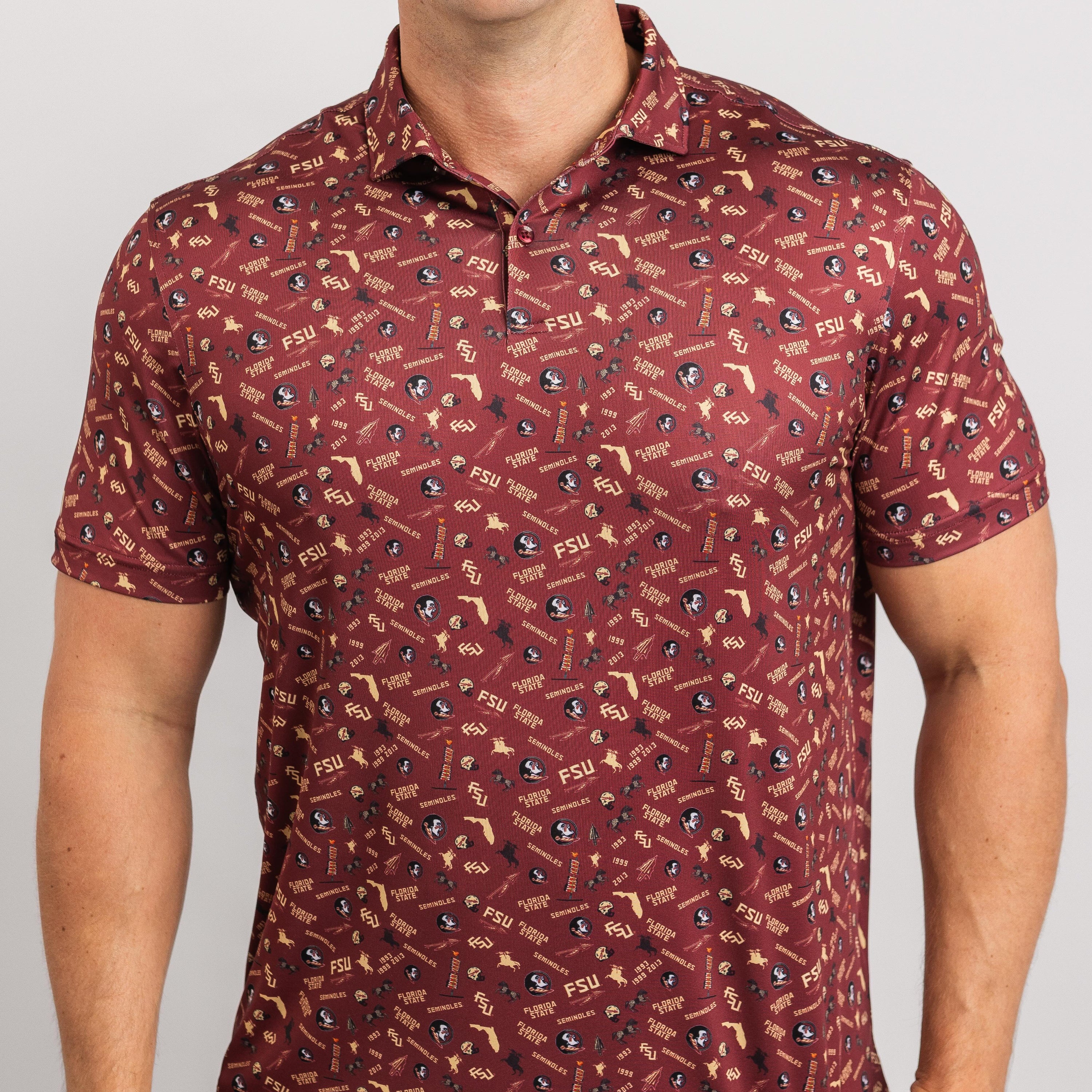 Man wearing a maroon polo shirt with a pattern on a light gray background