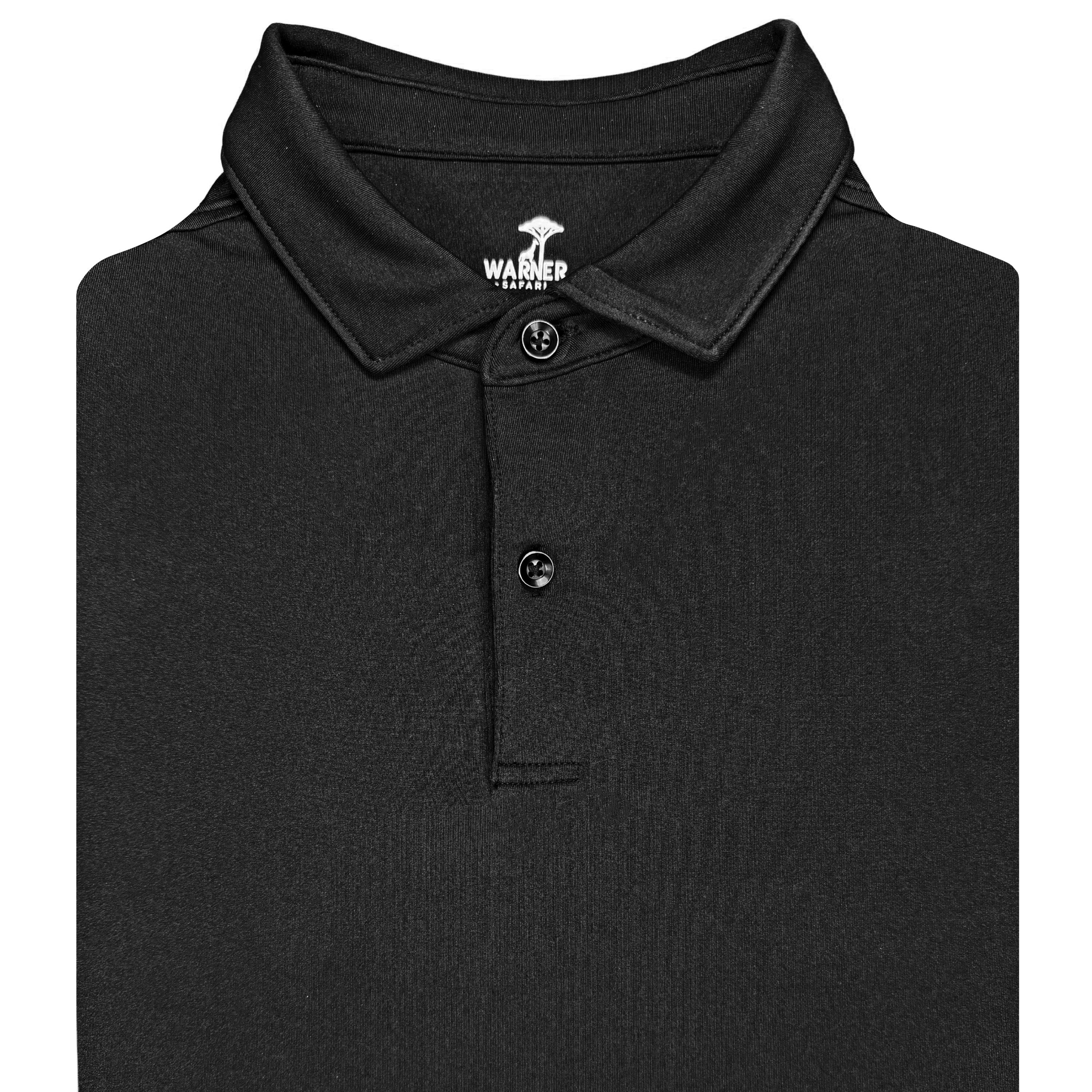 Folded black polo shirt with a brand logo on a white background