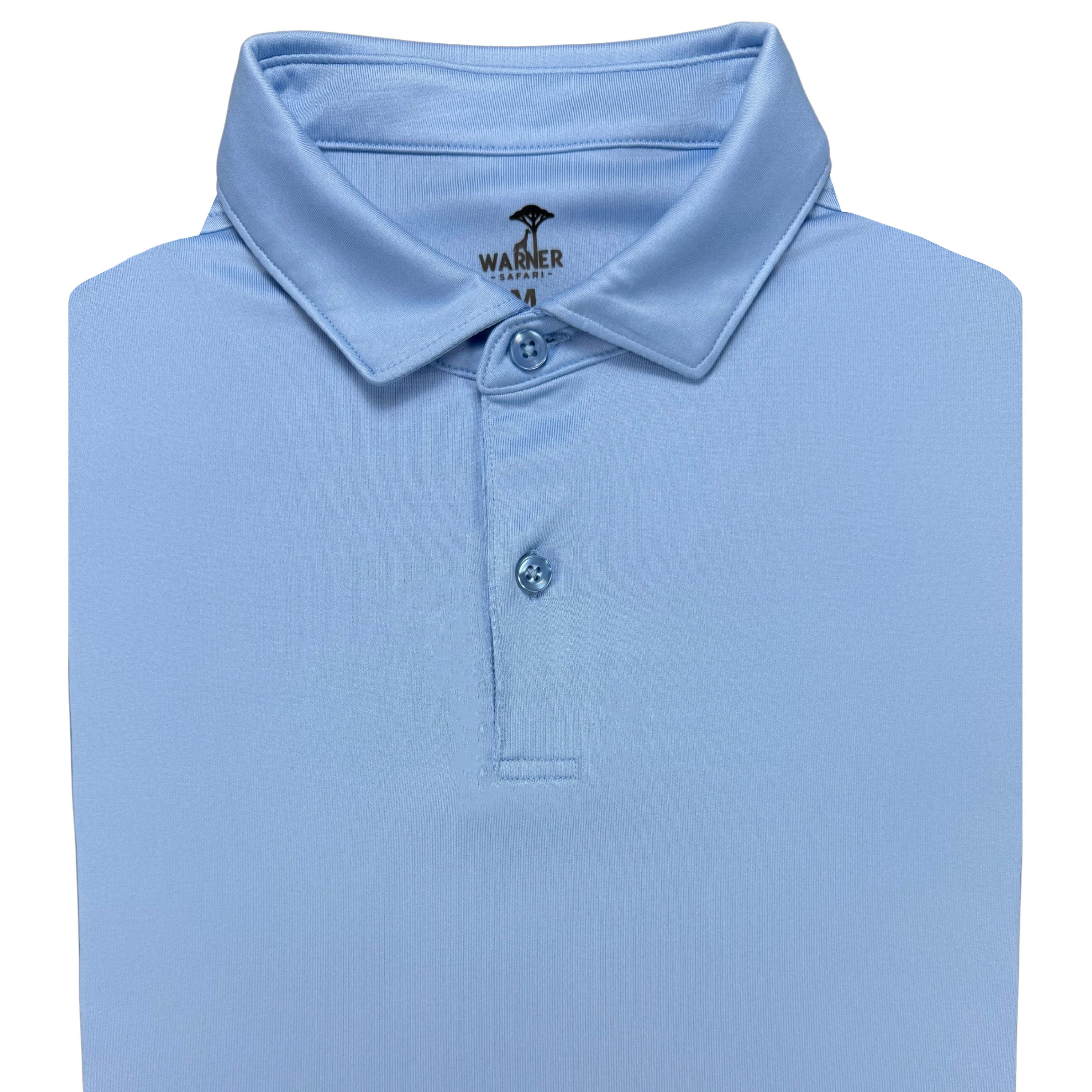 Light blue polo shirt with a brand logo on a white background