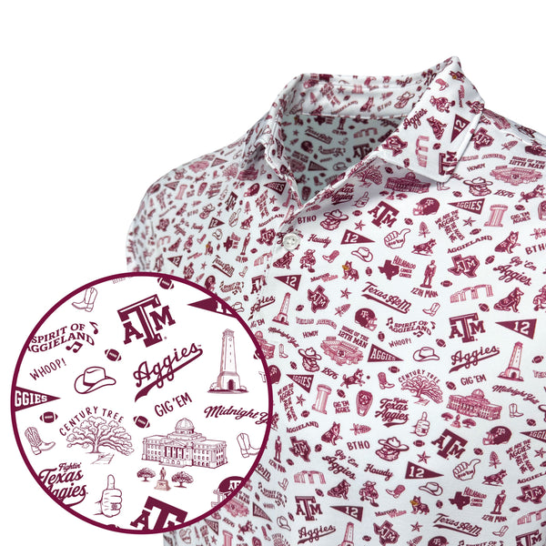 White shirt with red and white pattern featuring Texas A&M logos and symbols on a white background.