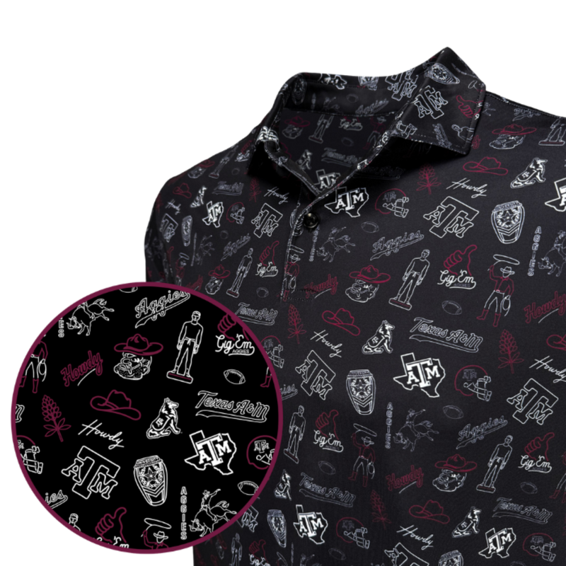 A black short-sleeve collared button-up shirt with an all-over Texas A&M University themed graphic print, featuring white and red sketches of the Texas A&M logo, cowboy hats, and 'Hard to Beat' branding. A circular inset on the bottom left shows a close-up of the fabric pattern.