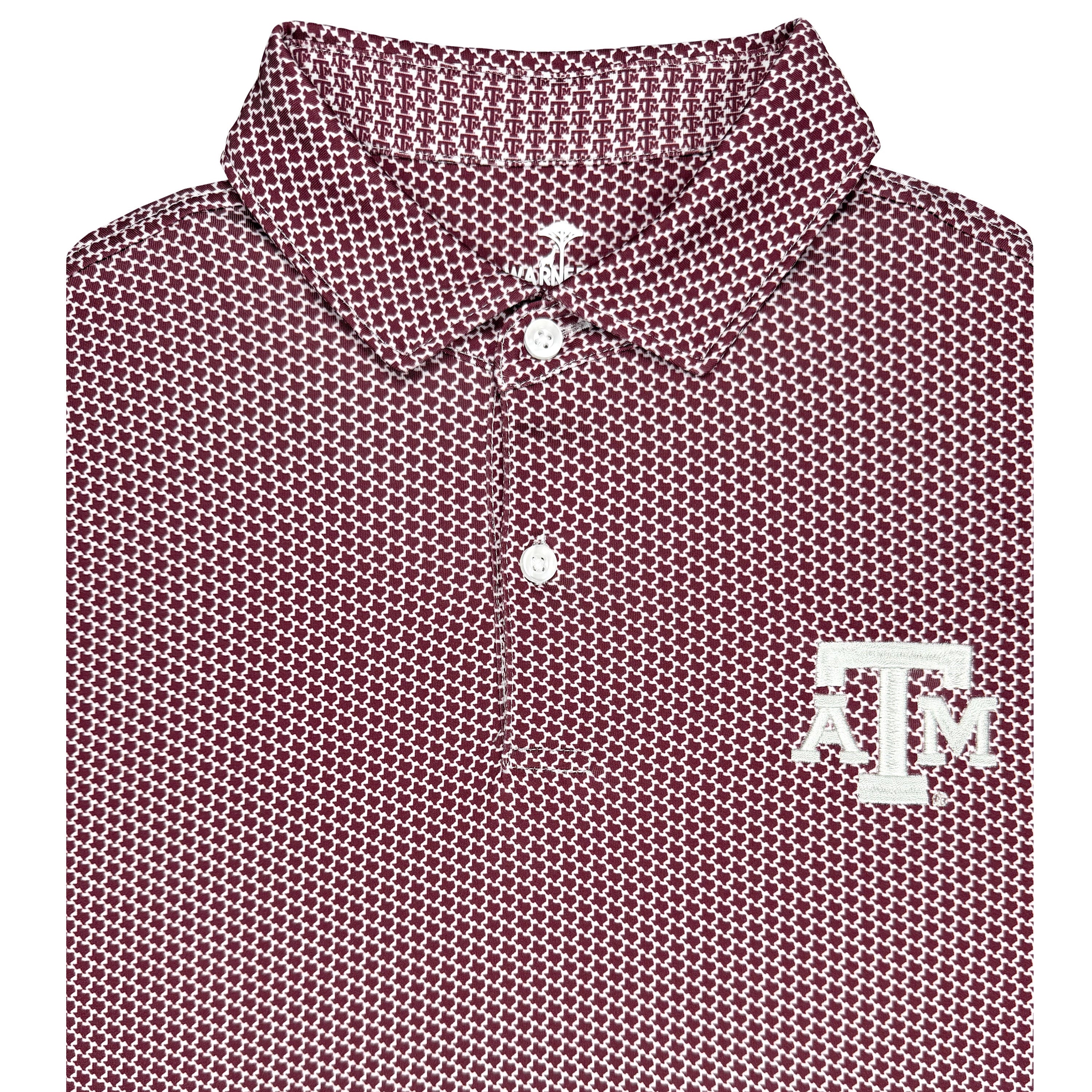 Maroon patterned polo shirt with a logo on a white background