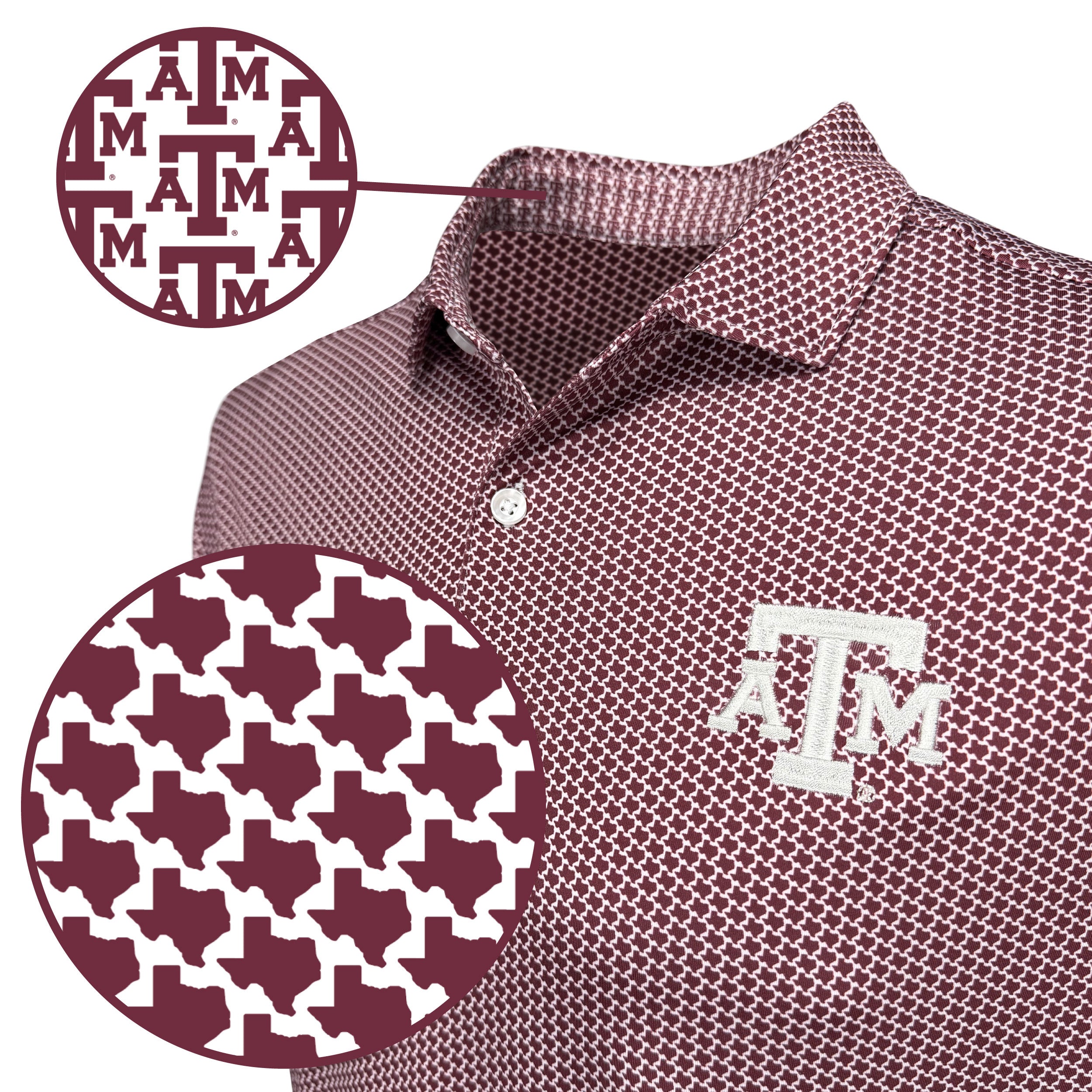A close-up of a maroon and white patterned polo shirt with a white Texas A&M 'A&M' logo on the chest. Two circular detail callouts show the repeating maroon-and-white pattern and the embroidered logo.