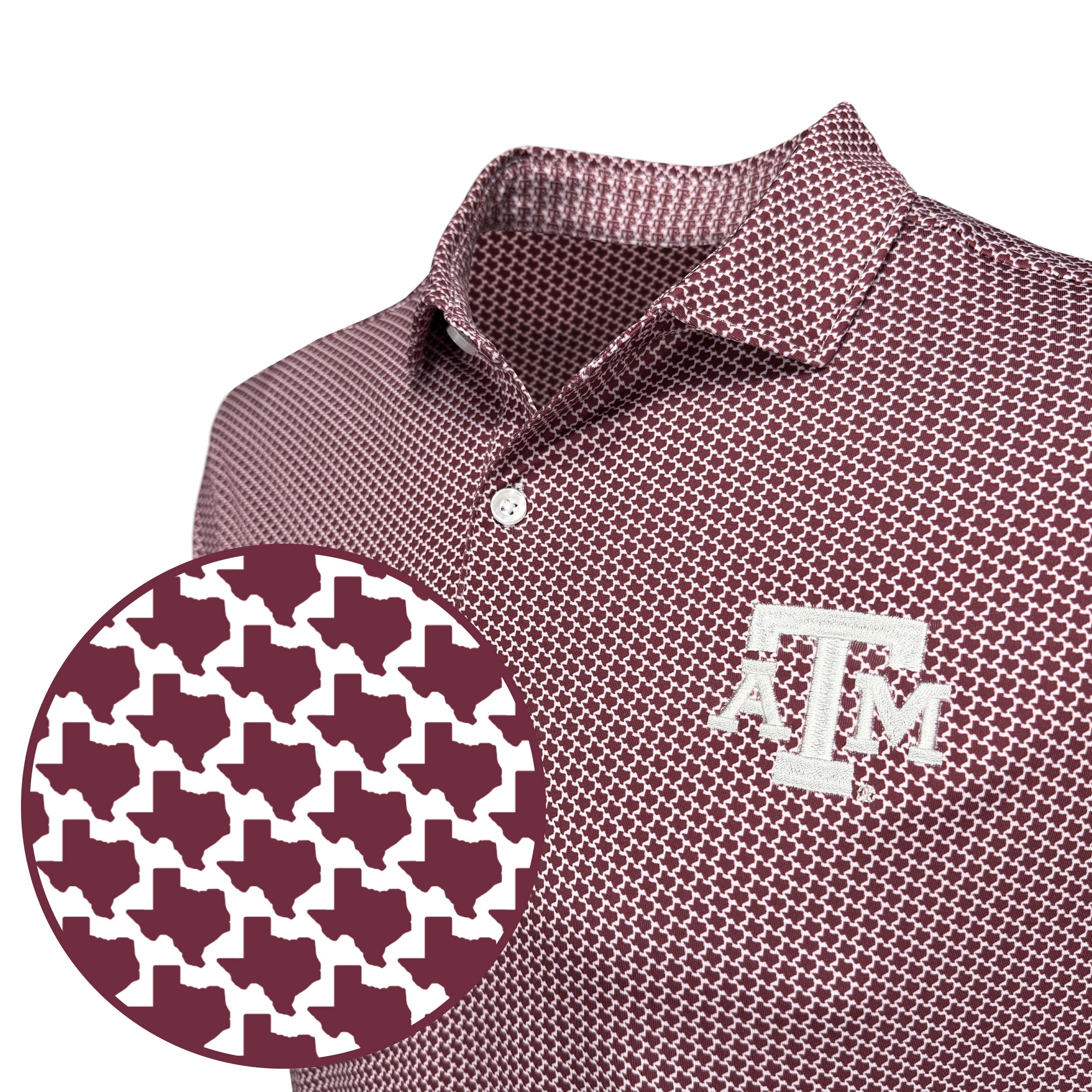 Maroon polo shirt with white 'ATM' logo and houndstooth pattern on a white background