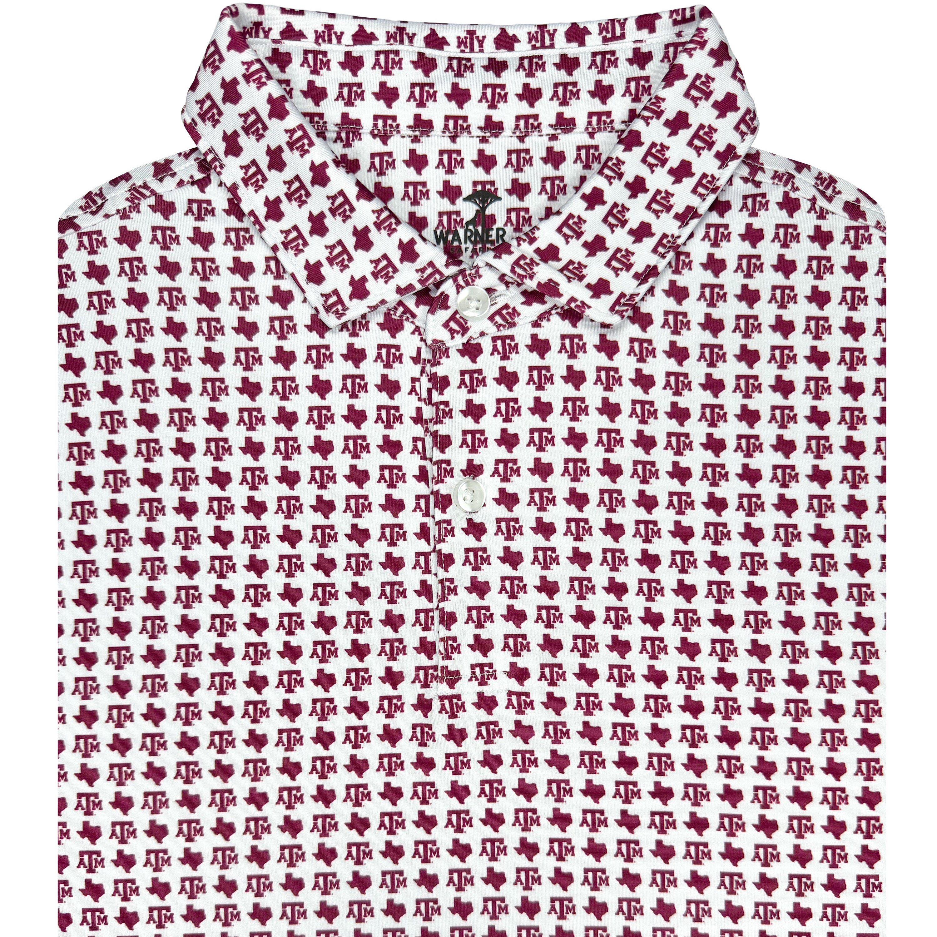 A white hooded sweatshirt featuring an all-over maroon and white Texas A&M Aggies logo pattern.