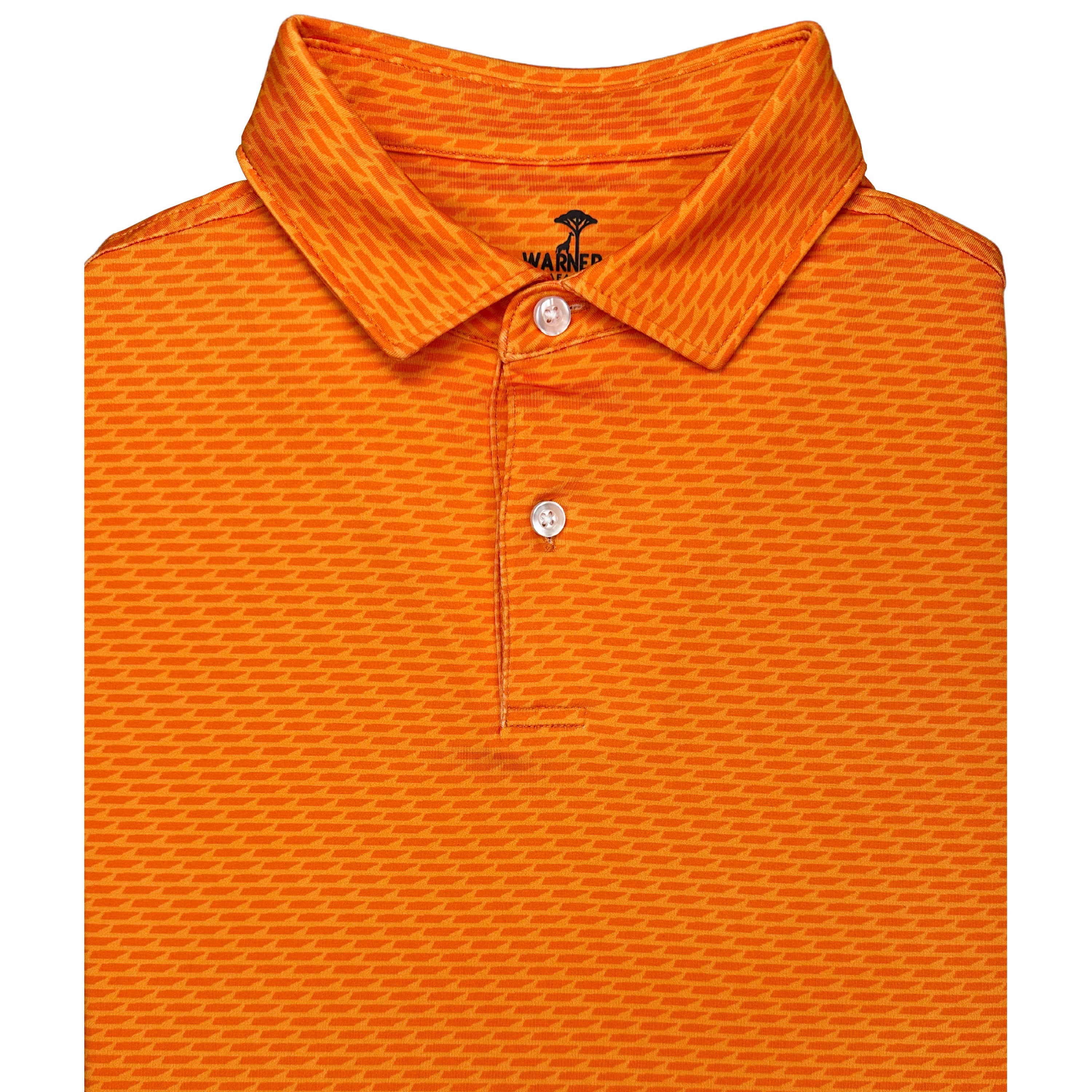 An orange polo shirt with a geometric pattern, featuring a collar and buttons at the neck.