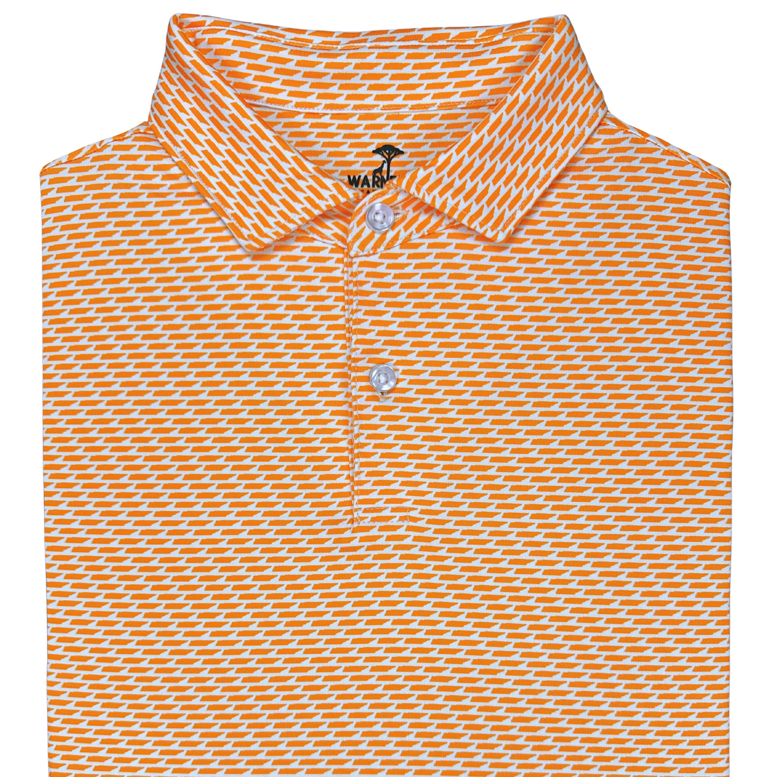 Orange and white patterned polo shirt with a brand logo on a white background
