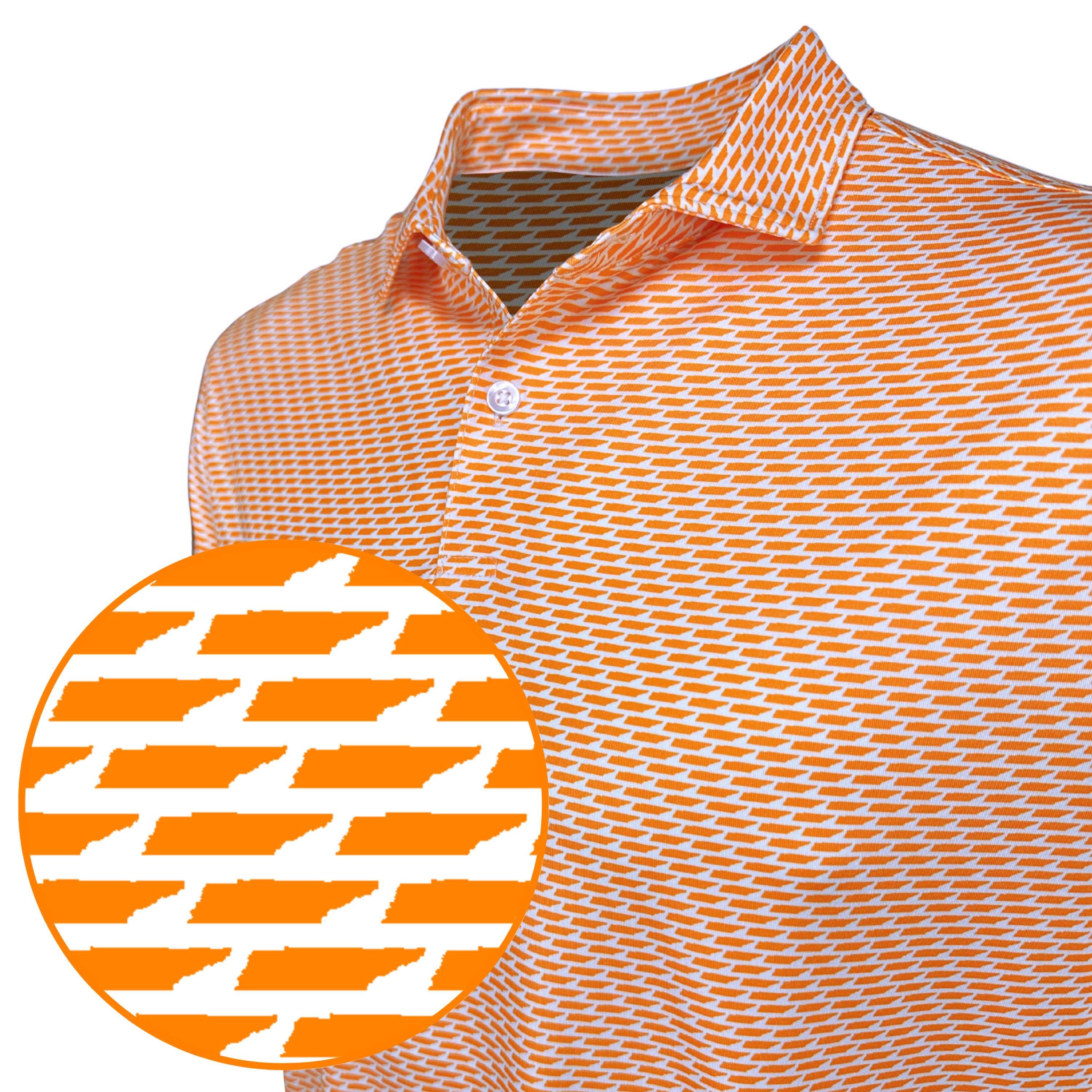 Orange and white patterned shirt with close-up of pattern on a white background