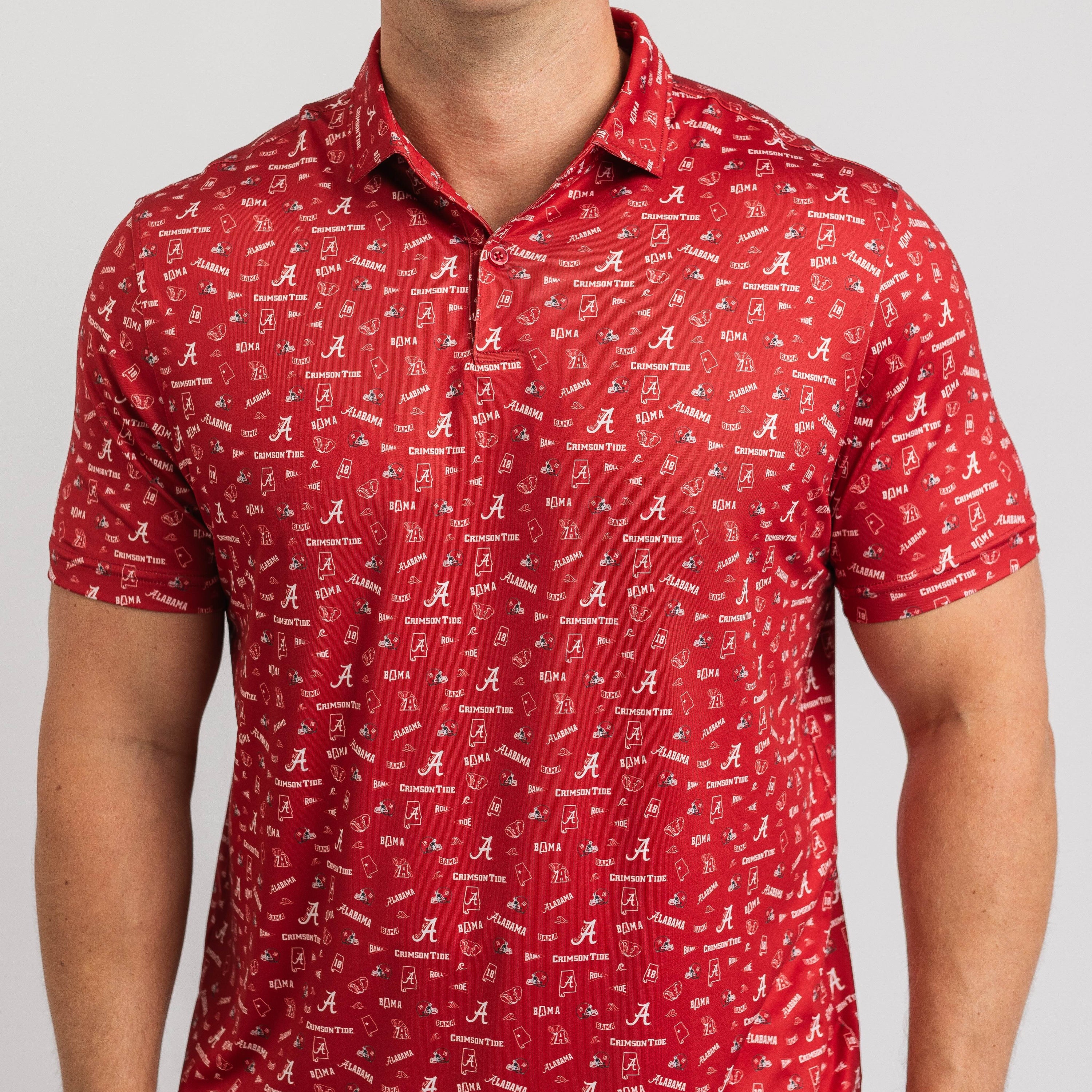 Red polo shirt with white lettering worn by a person on a gray background