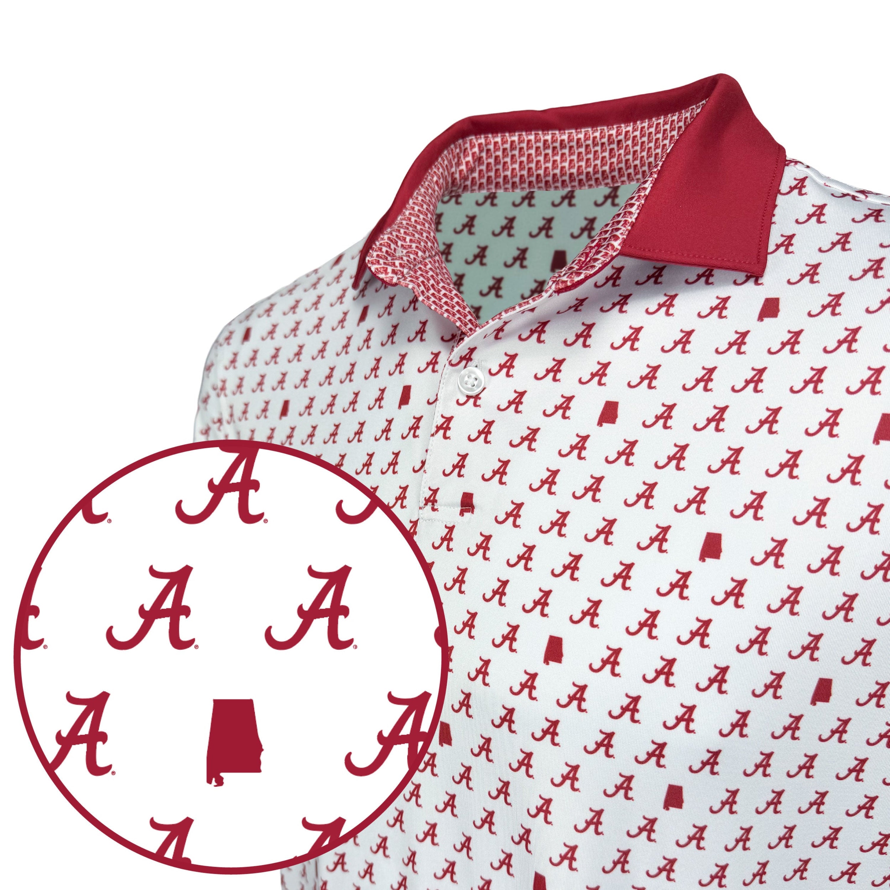 Polo shirt with red and white pattern on a white background