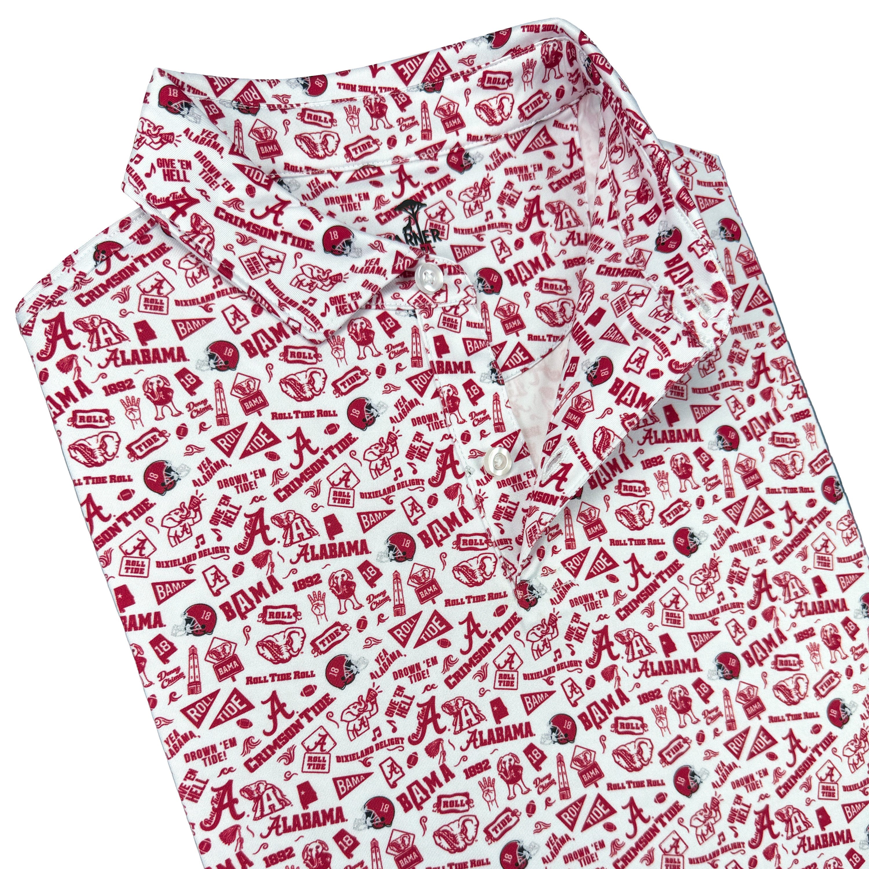 White shirt with red Alabama logo pattern on a white background