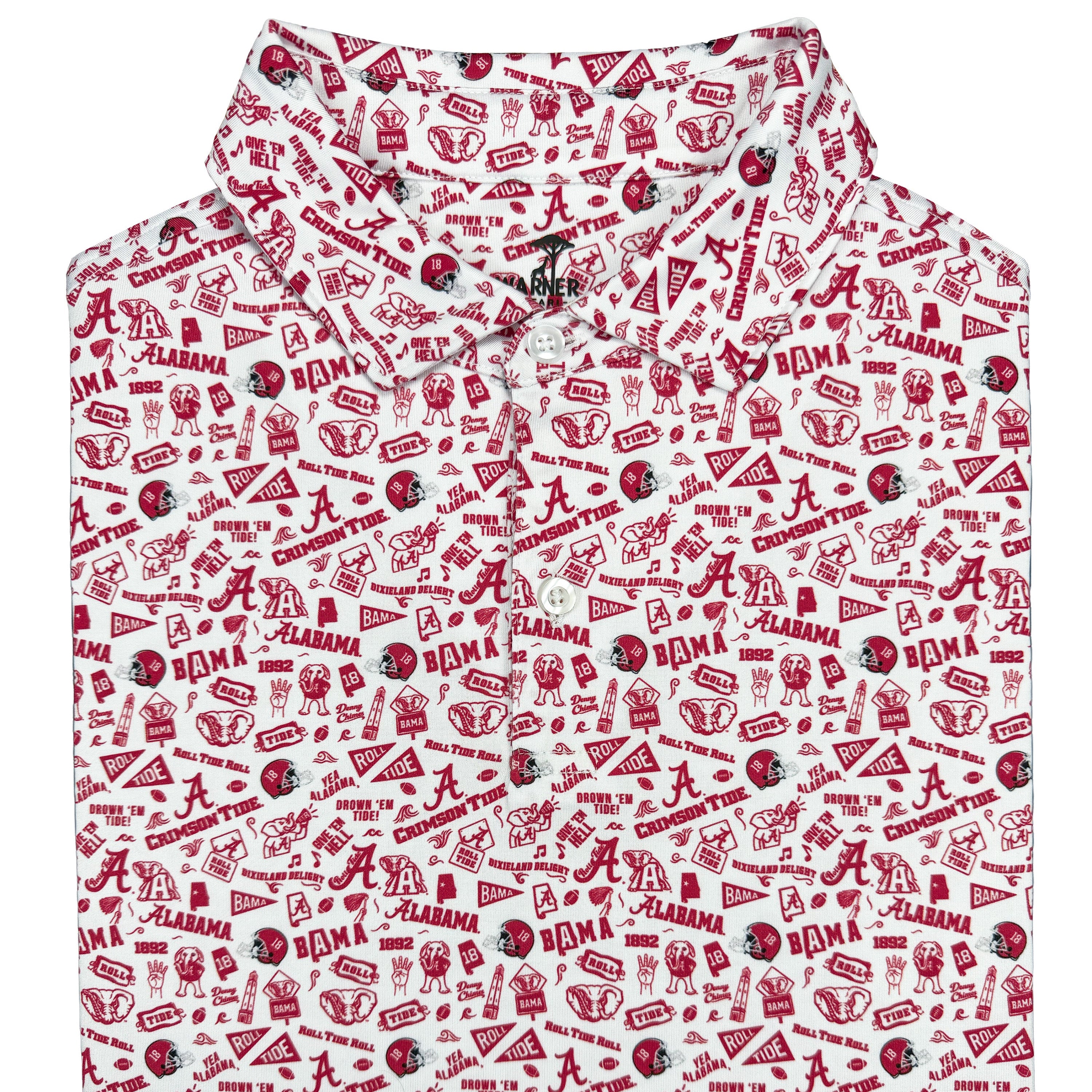 Polo with red and white pattern featuring logos and text on a white background