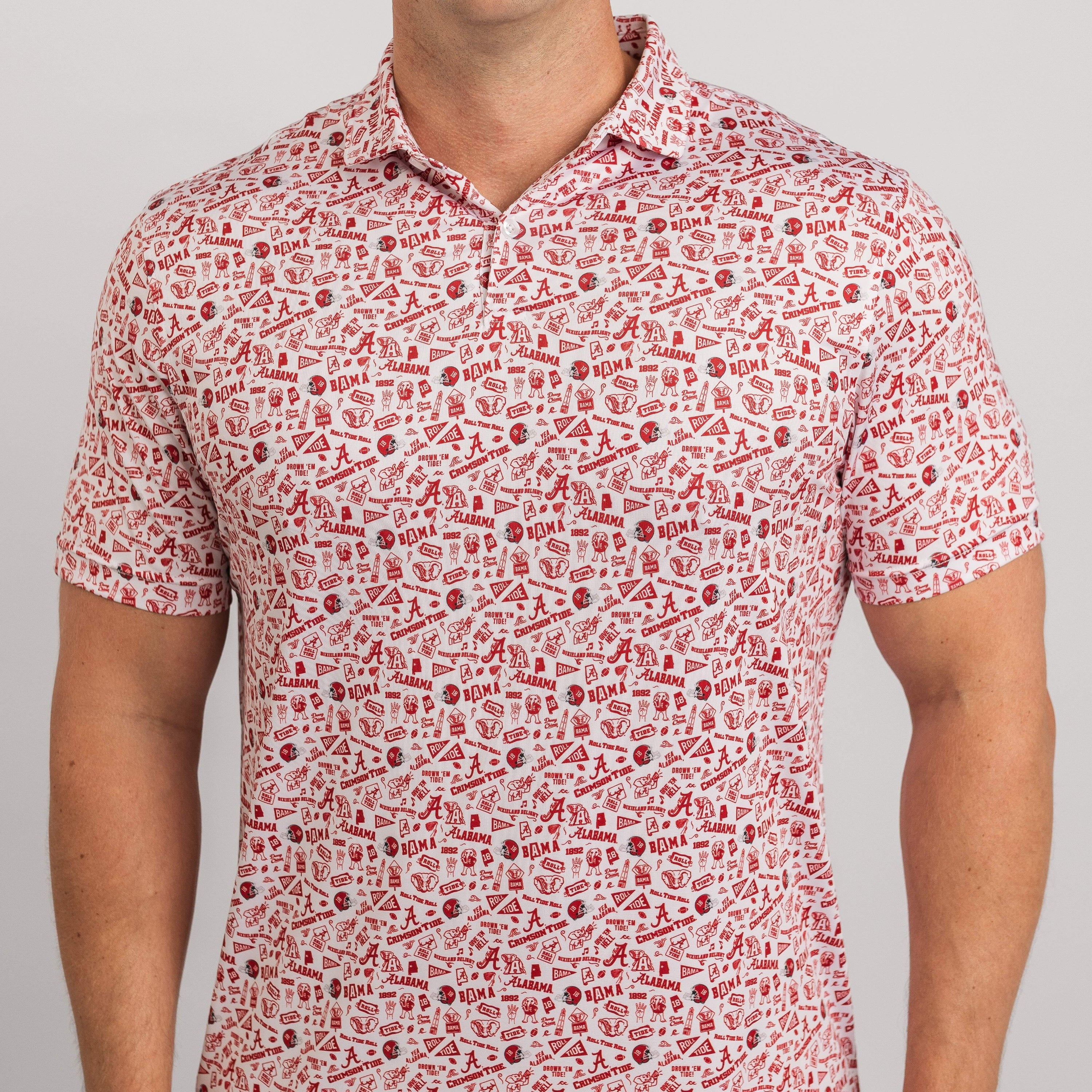 Man wearing a red and white patterned shirt on a gray background