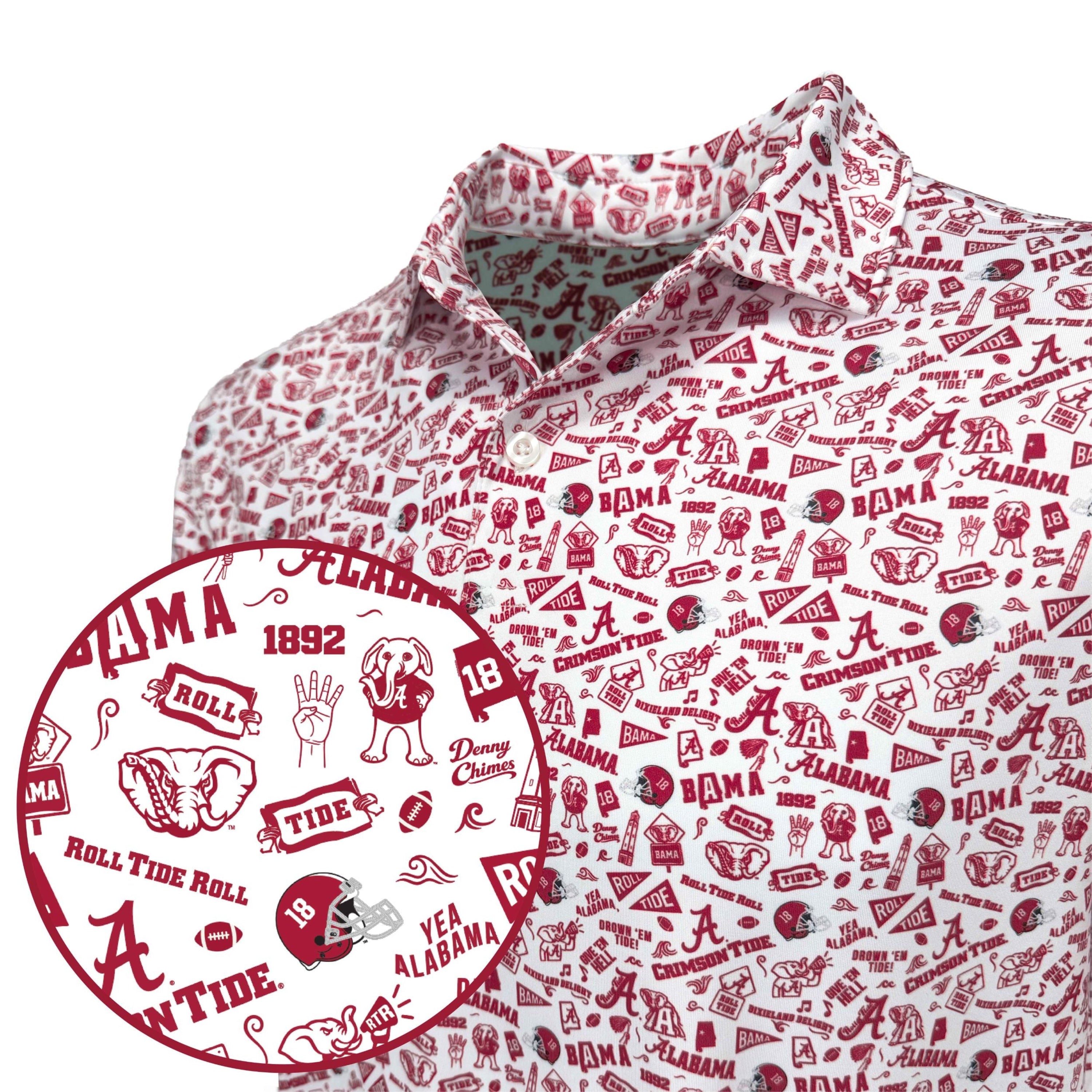 White shirt with red Alabama-themed graphics and logo on a white background