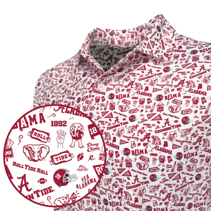 White shirt with red Alabama-themed graphics and logo on a white background