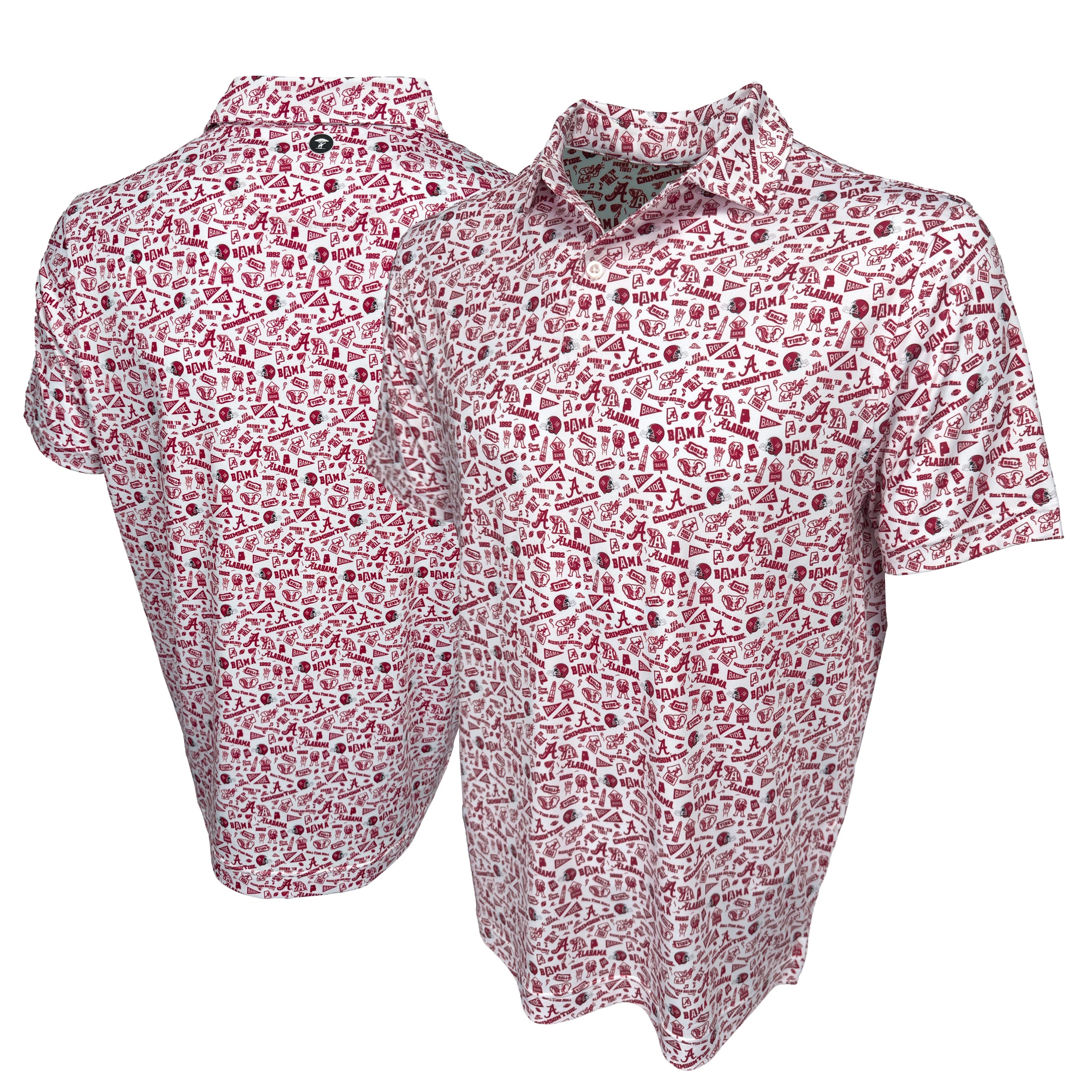 Two short-sleeve shirts with a red and white pattern on a white background