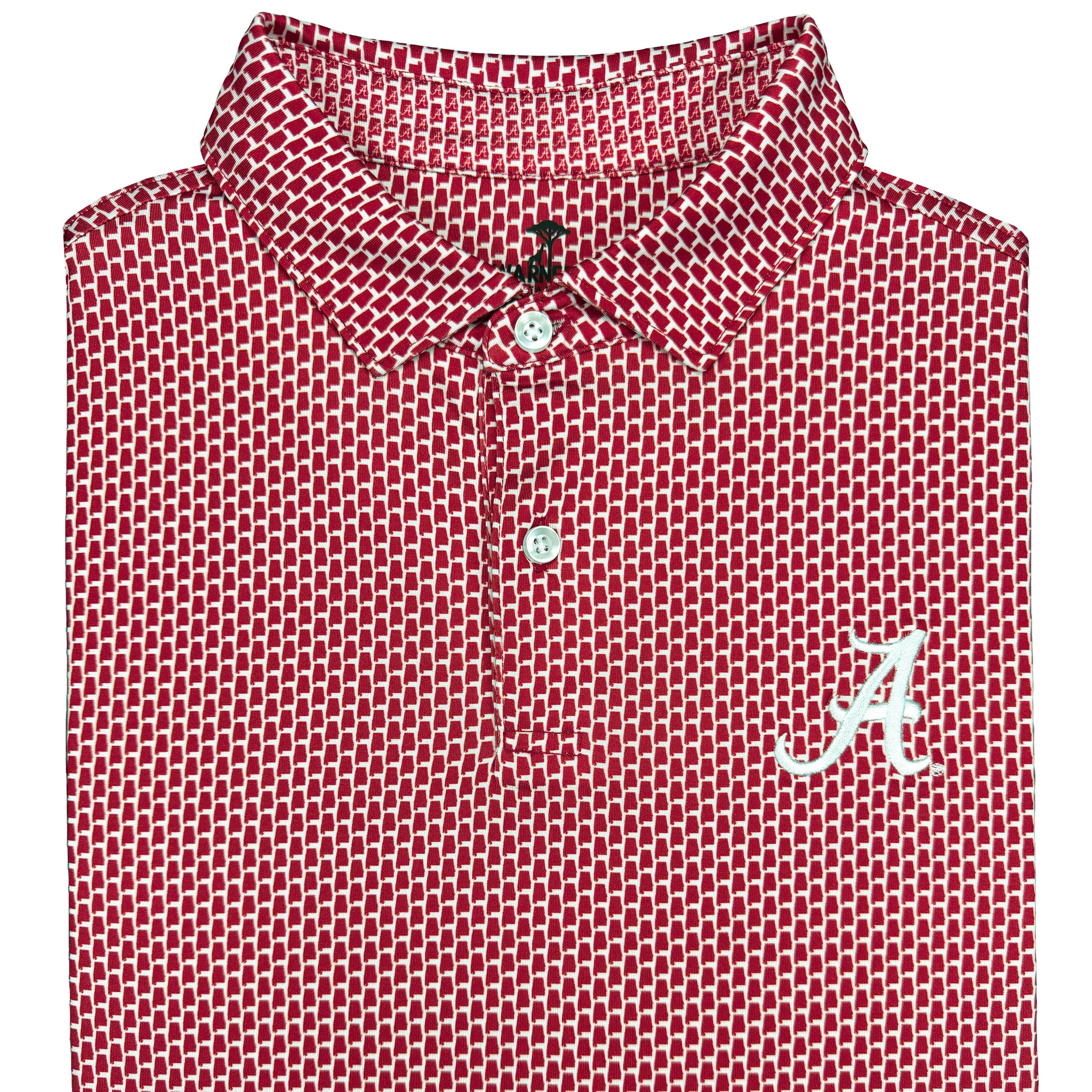 Folded red and white polo shirt with a logo on a white background